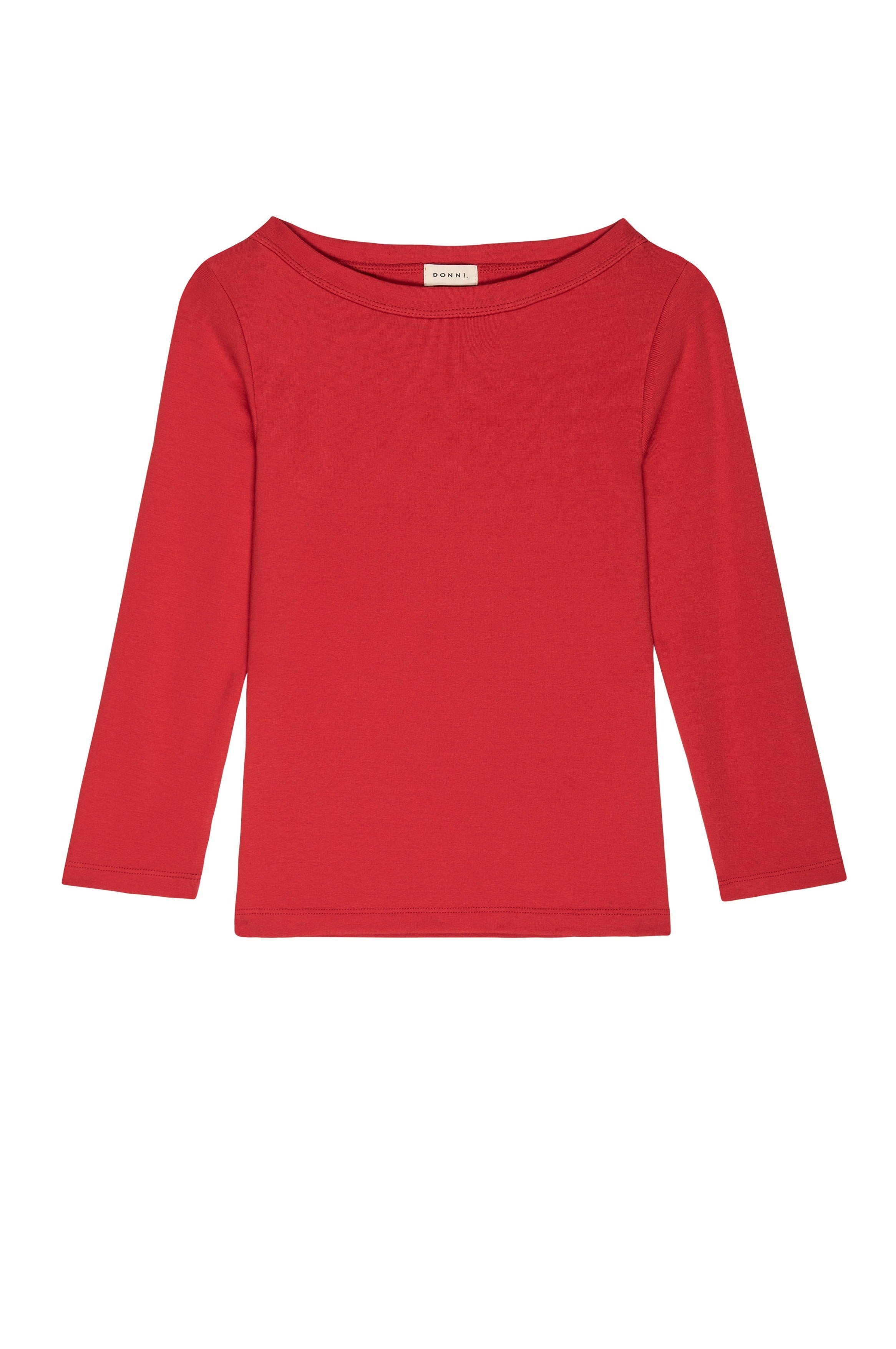 Donni's The Baby Rib Boat Neck Tomato is a long-sleeved, bright red knit top featuring a wide, boatneck neckline. This plain shirt has no visible patterns or designs and includes a label on the inside back below the neckline.