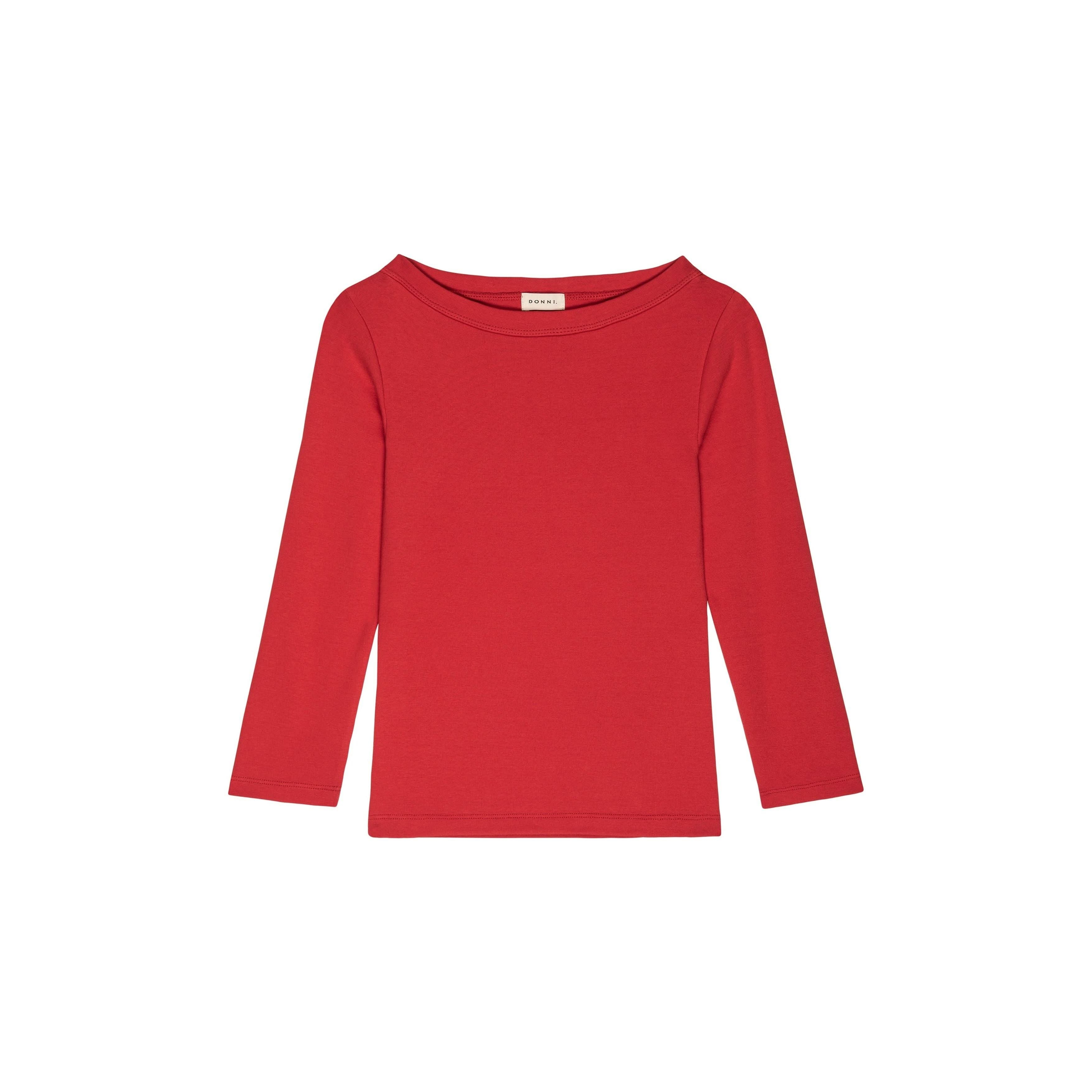 Donni's The Baby Rib Boat Neck Tomato is a long-sleeved, bright red knit top featuring a wide, boatneck neckline. This plain shirt has no visible patterns or designs and includes a label on the inside back below the neckline.