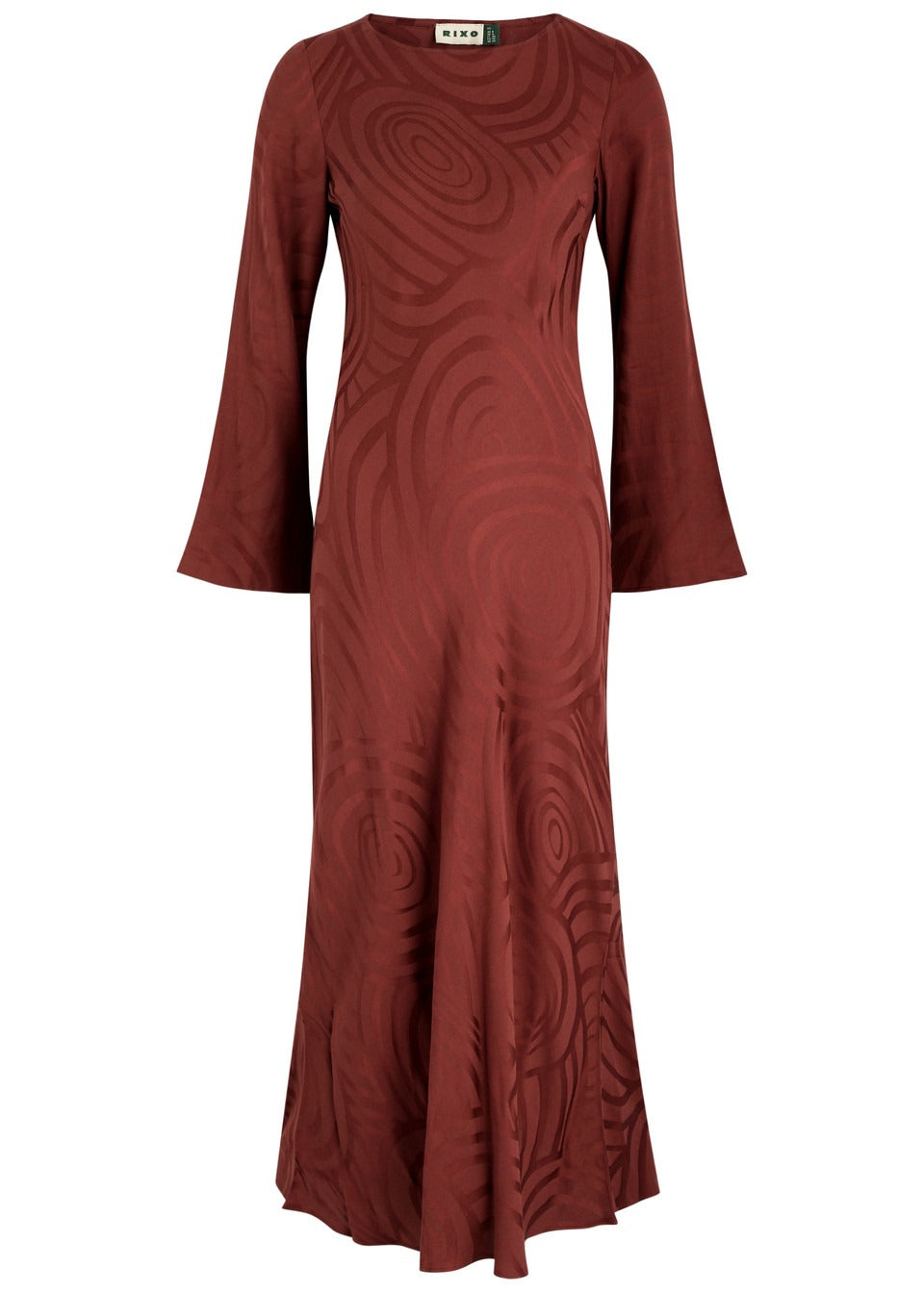 The Rixo Alondra Dress Whirlpool Jacquard Merlot is a long-sleeved, brown maxi dress featuring a fitted bodice and subtle swirl patterns throughout. Reminiscent of the elegant Alondra midi dress, this piece boasts flared sleeves and a flowing skirt crafted from luxe silk crepe de chine, creating an exquisite silhouette. A small label is stitched at the neckline for added detail.