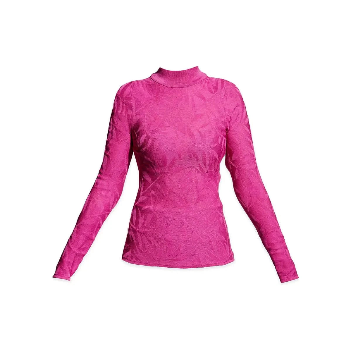 An eye-catching pink AS by DF Remi Turtleneck women's long-sleeve top featuring a mock neck and a subtle floral pattern. This form-fitting top is crafted from semi-sheer, recycled materials, providing a delicate and elegant look while supporting sustainable fashion.