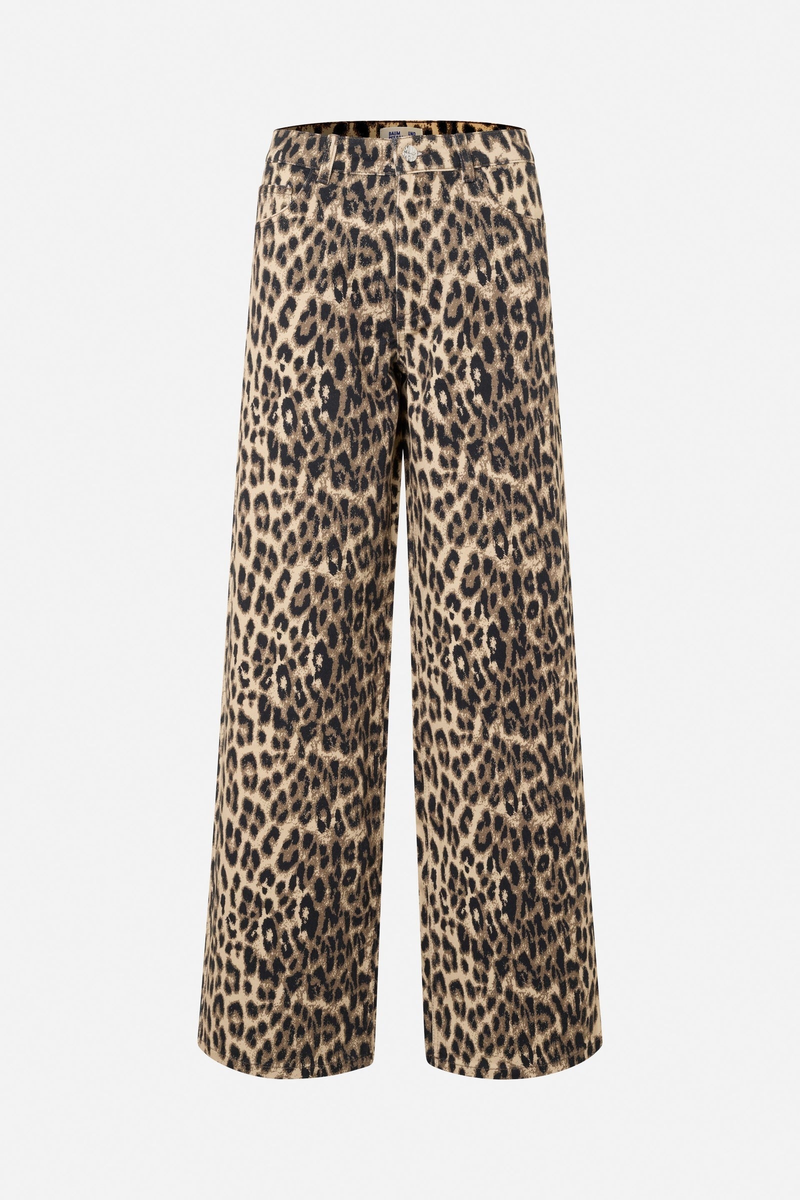 The Baum und Pferdgarten Nicette Jean trousers feature a bold leopard print pattern in shades of brown and black. Made from organic cotton, these high-waist, wide-leg trousers are displayed against a plain white background.