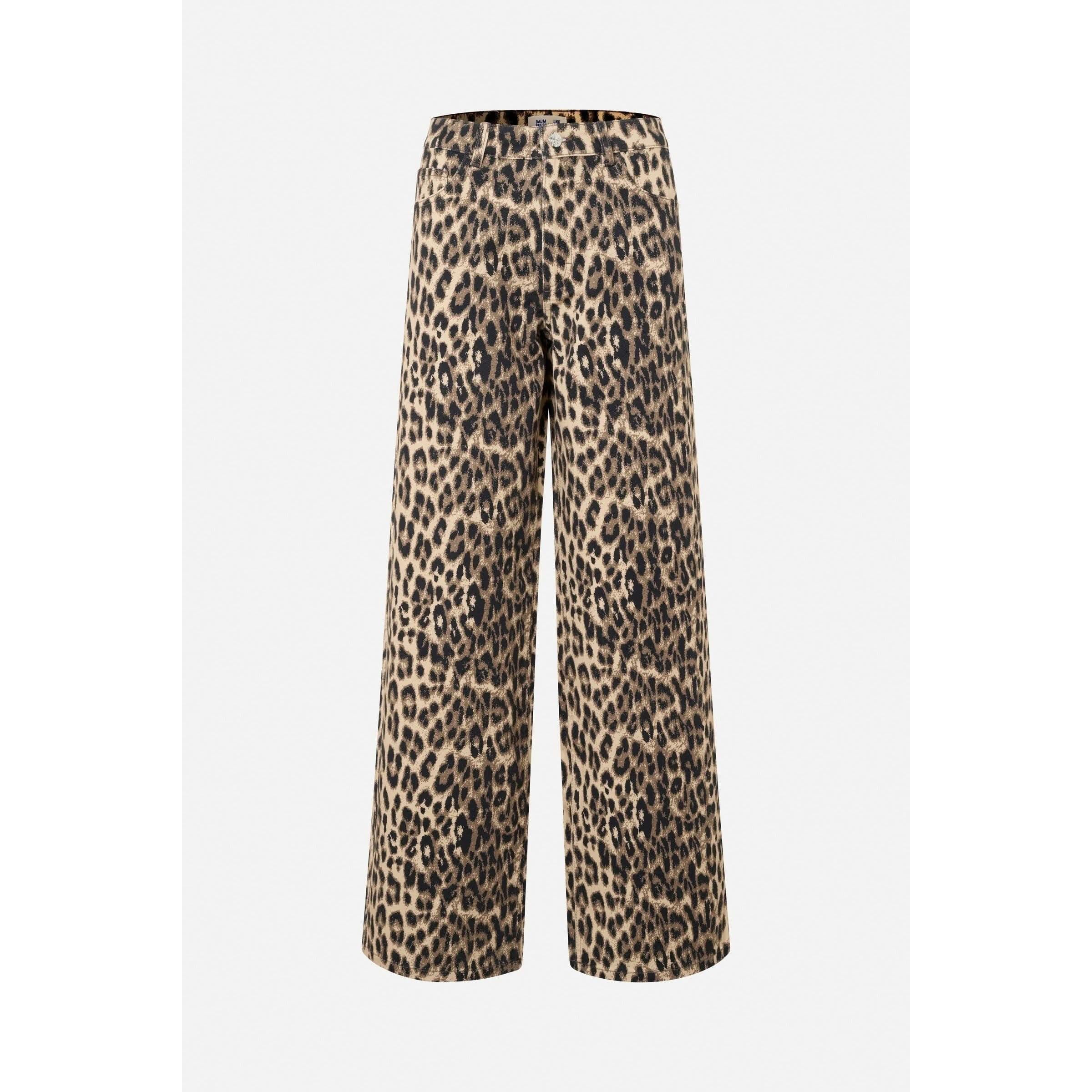 The Baum und Pferdgarten Nicette Jean trousers feature a bold leopard print pattern in shades of brown and black. Made from organic cotton, these high-waist, wide-leg trousers are displayed against a plain white background.