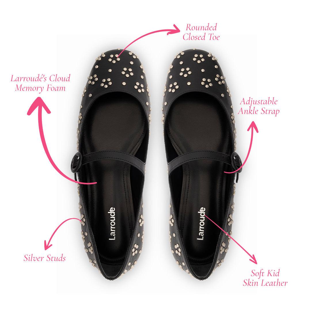 Blair Ballet Flat In Black Leather and Metallic Studs - Primm's