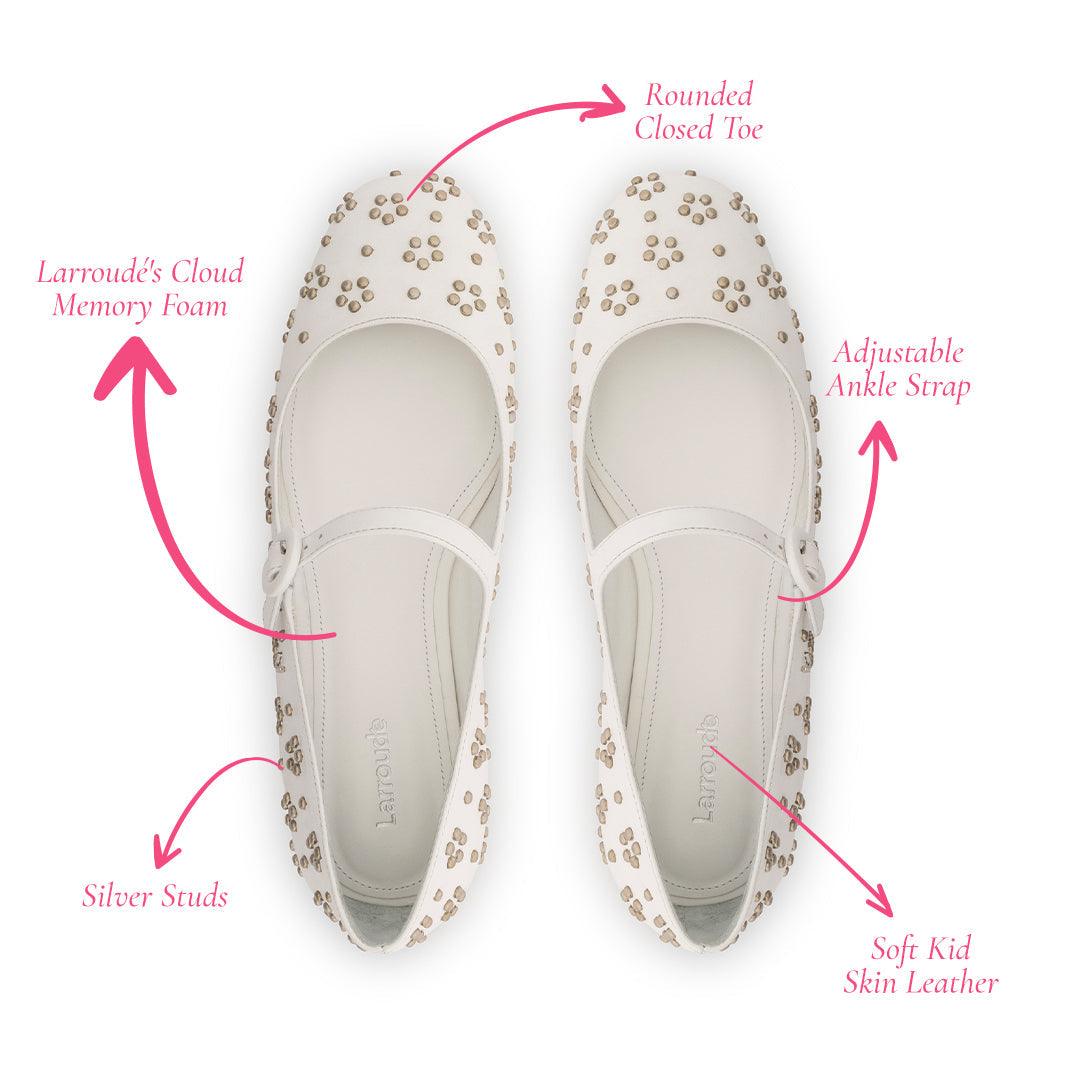 Blair Ballet Flat In White Leather and Metallic Studs - Primm's