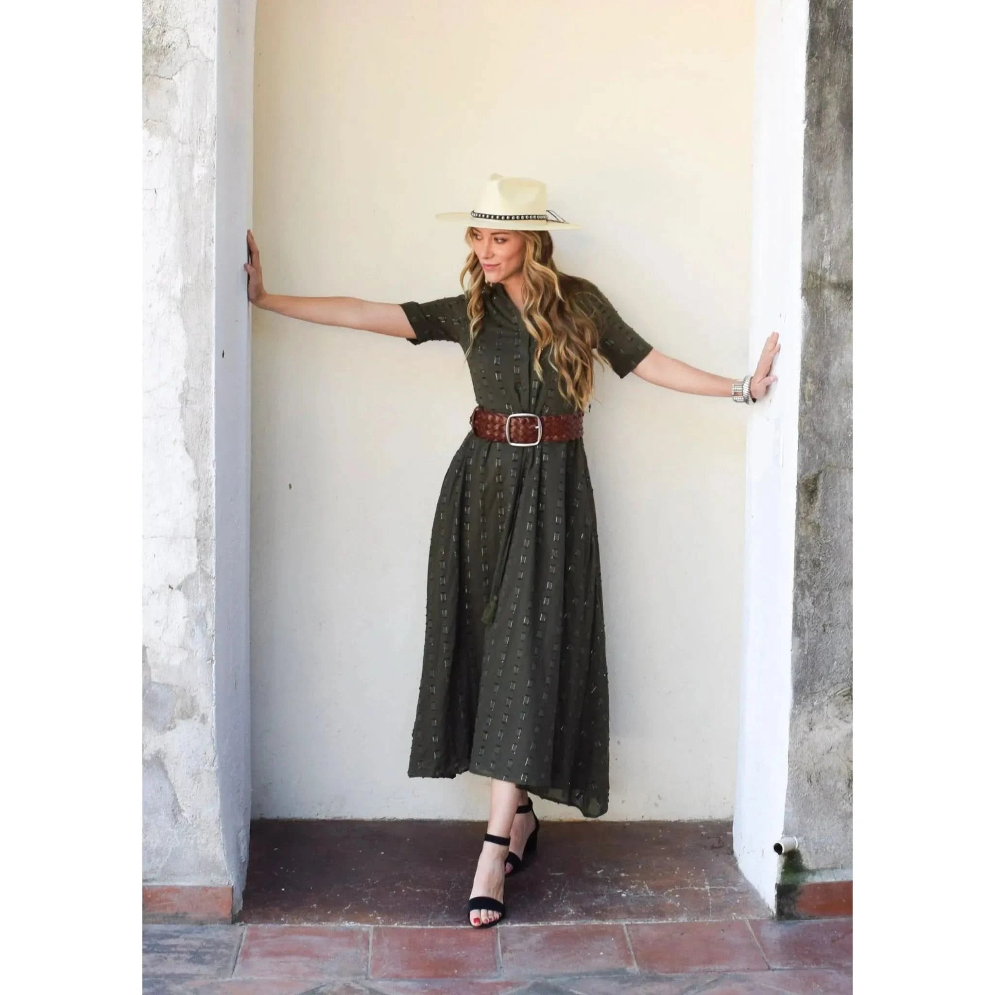 Never A Wallflower Kelli Short Sleeve Maxi - Olive Geo - Primm's