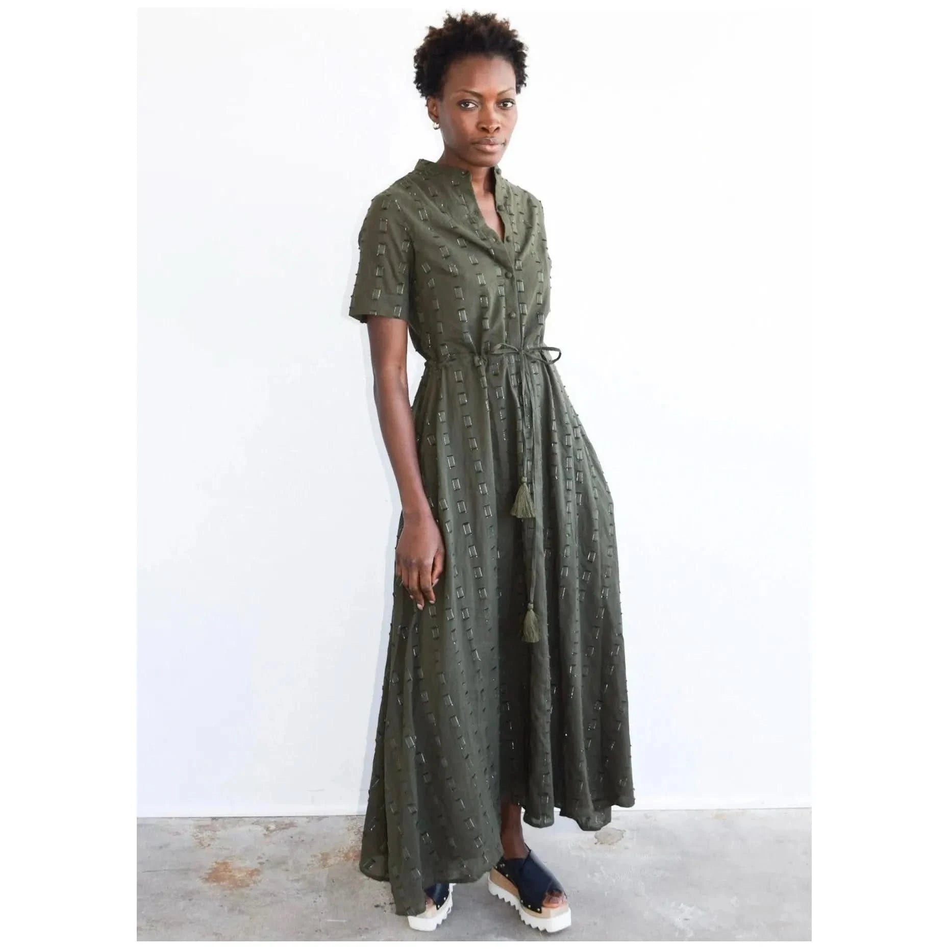 Never A Wallflower Kelli Short Sleeve Maxi - Olive Geo - Primm's