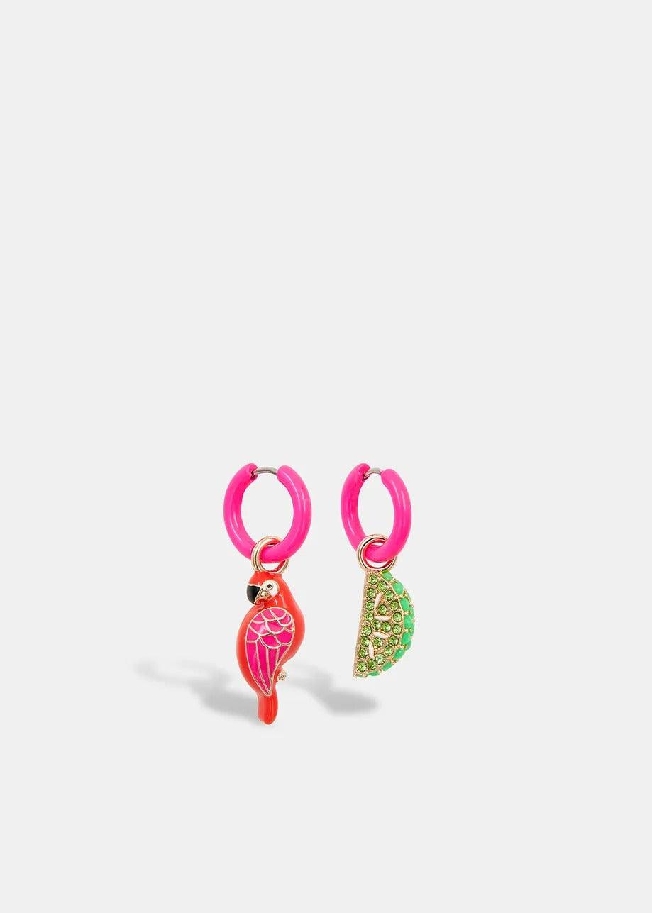 Essentiel Antwerp Neon pink hoop earrings with parrot and lime pendants - Primm's