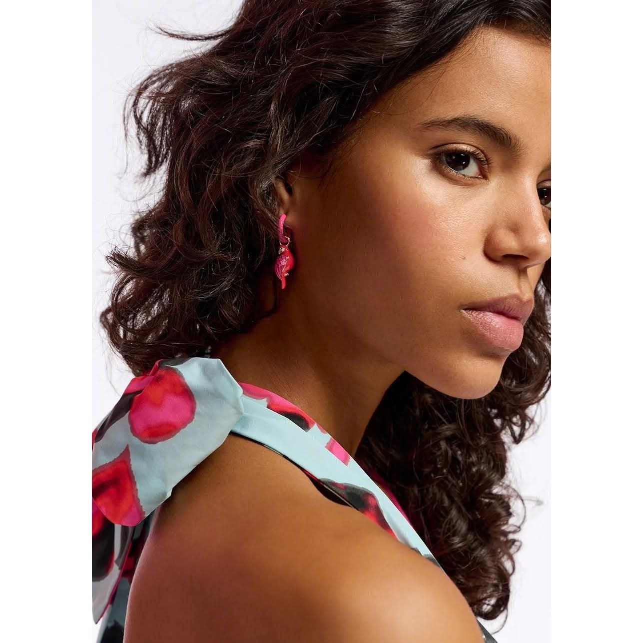 Essentiel Antwerp Neon pink hoop earrings with parrot and lime pendants - Primm's