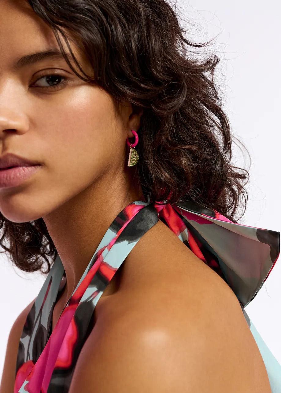 Essentiel Antwerp Neon pink hoop earrings with parrot and lime pendants - Primm's