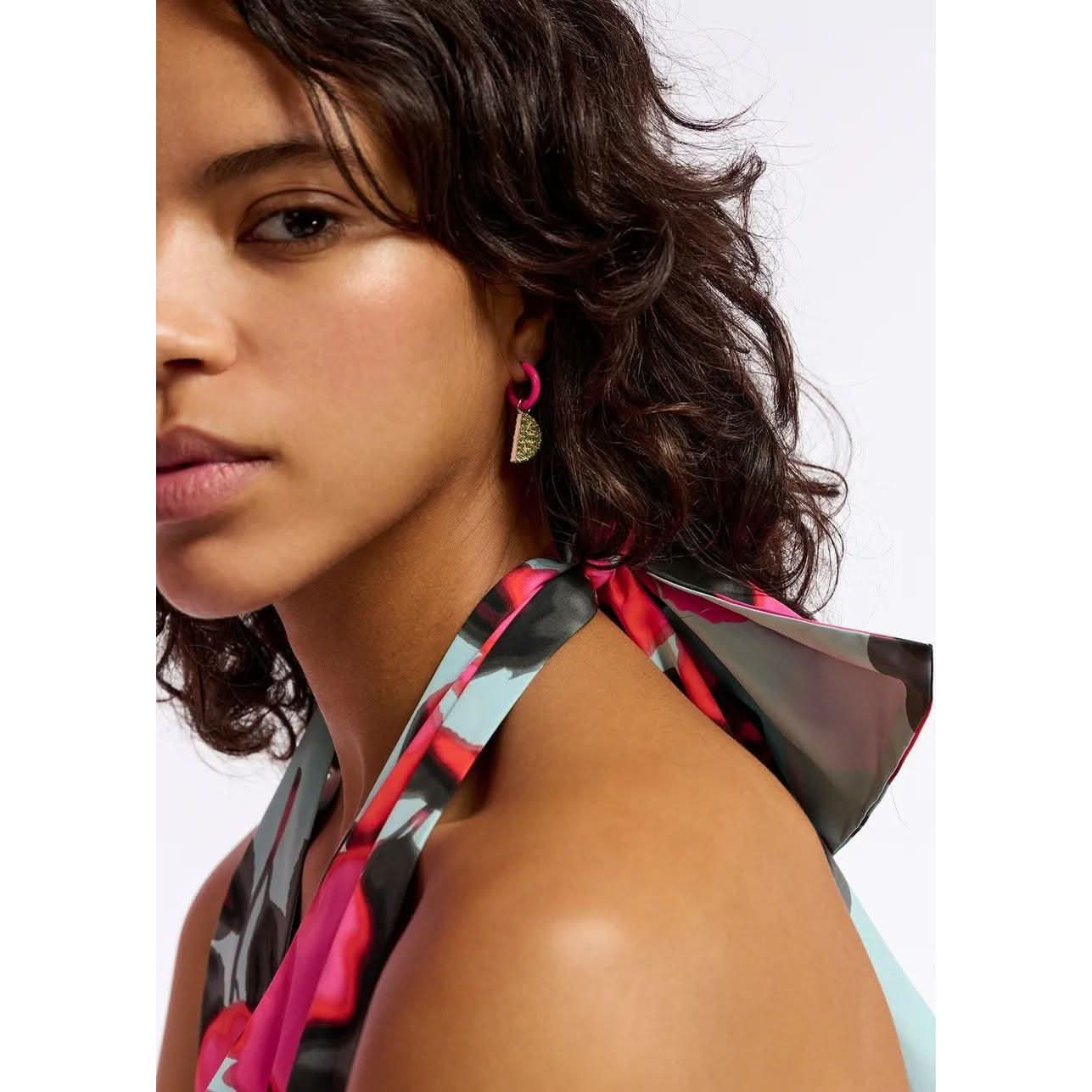 Essentiel Antwerp Neon pink hoop earrings with parrot and lime pendants - Primm's