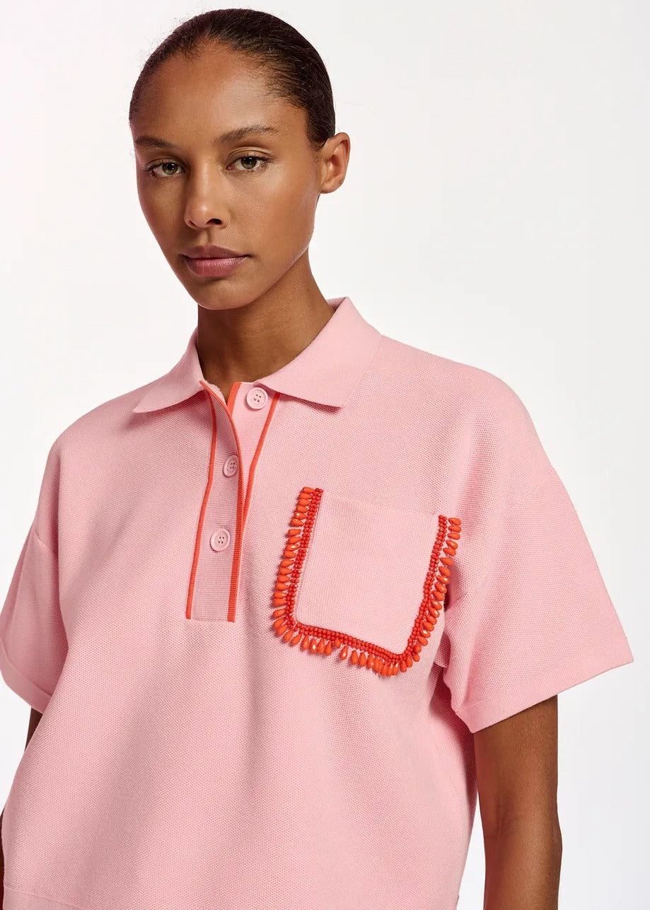 Essentiel Antwerp Light pink polo with beaded embriodery