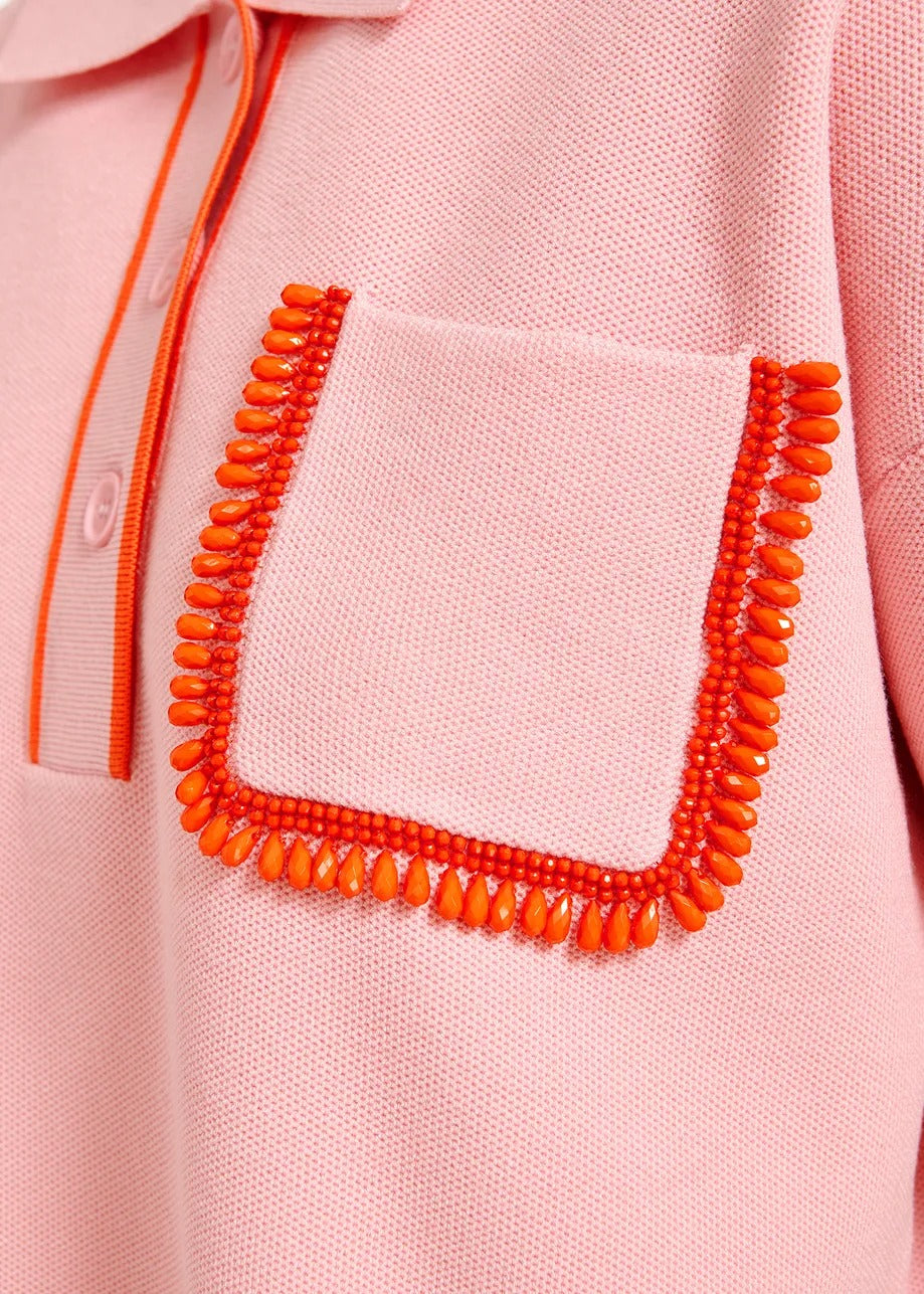 Essentiel Antwerp Light pink polo with beaded embriodery