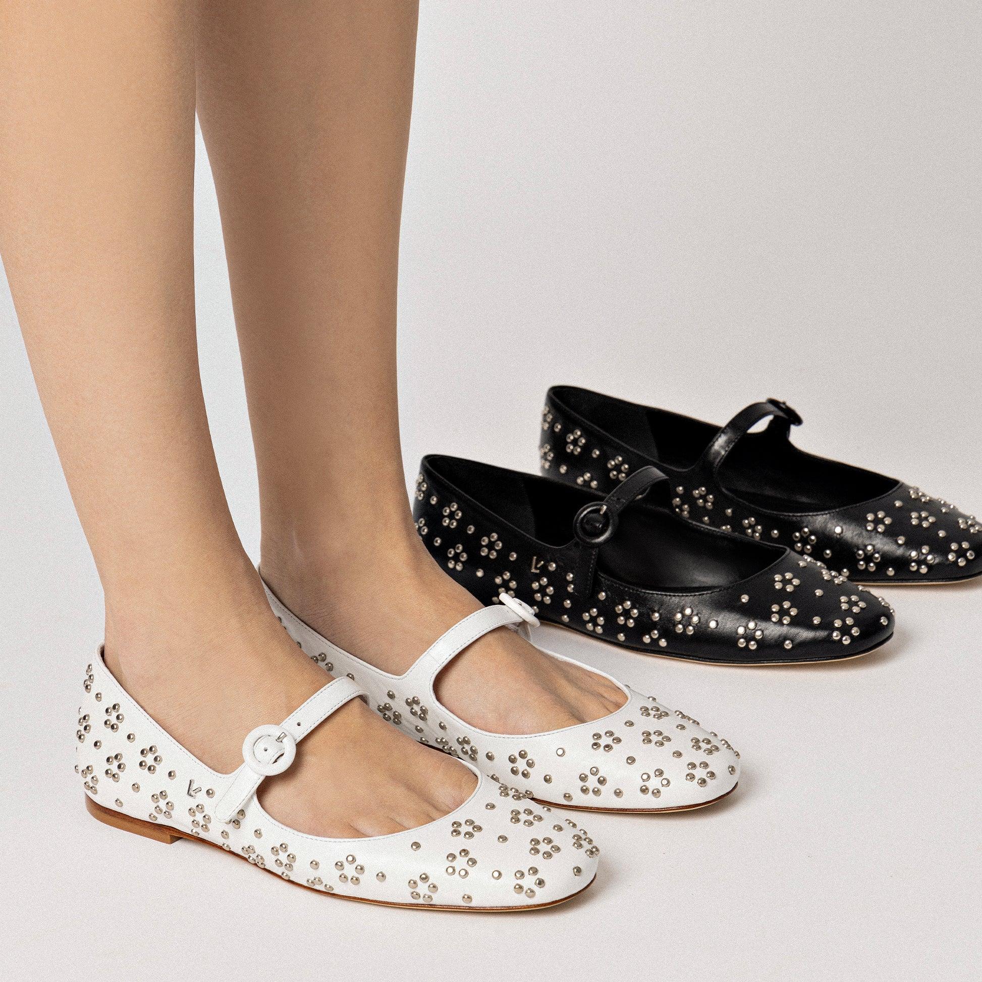 Blair Ballet Flat In White Leather and Metallic Studs - Primm's