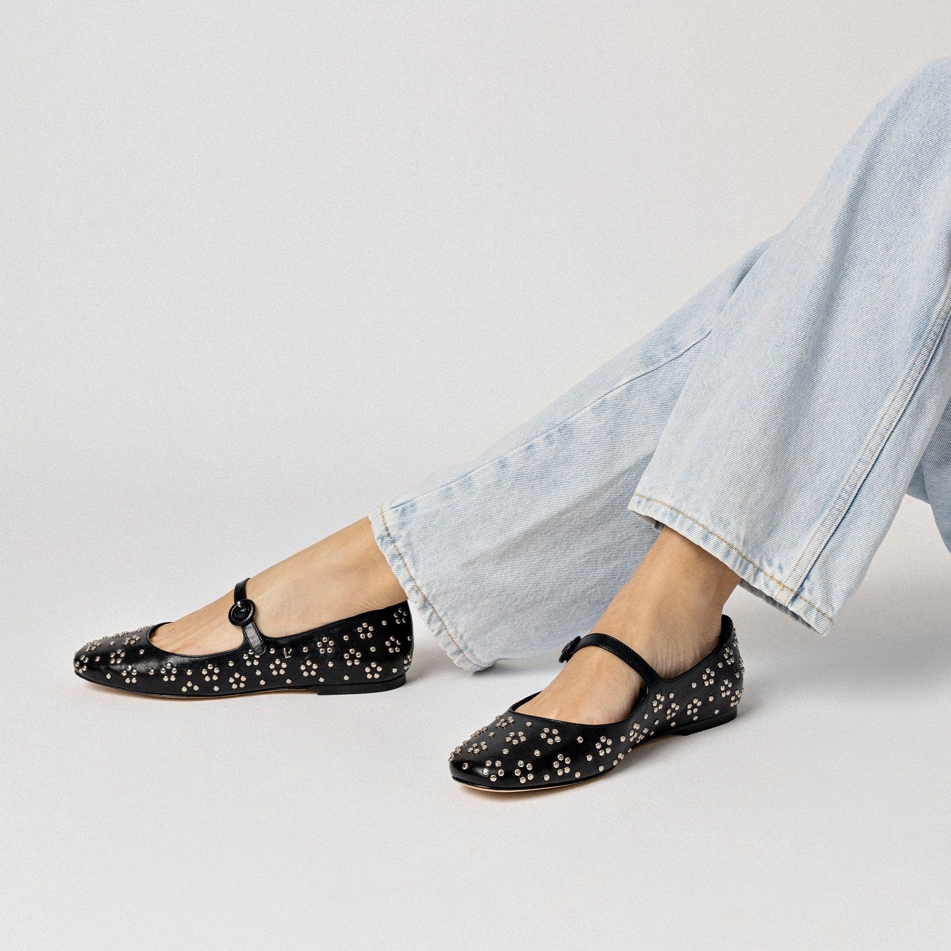 Blair Ballet Flat In Black Leather and Metallic Studs - Primm's