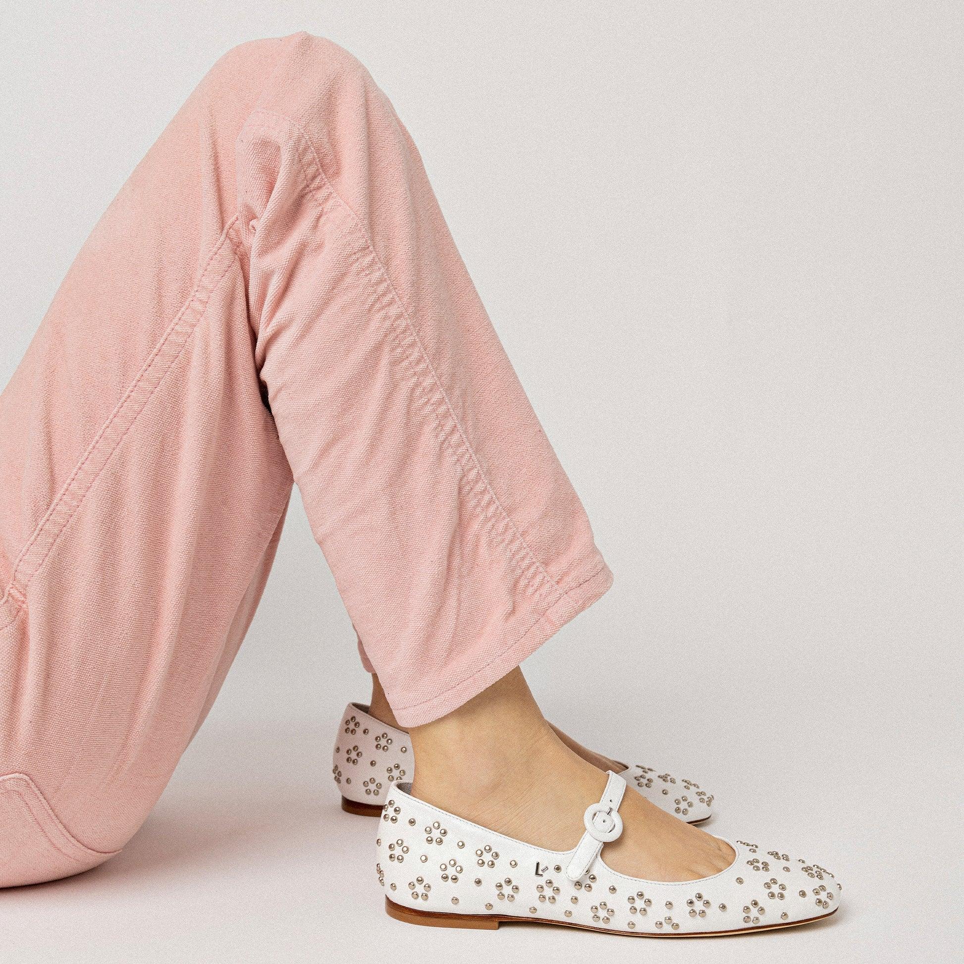 Blair Ballet Flat In White Leather and Metallic Studs - Primm's