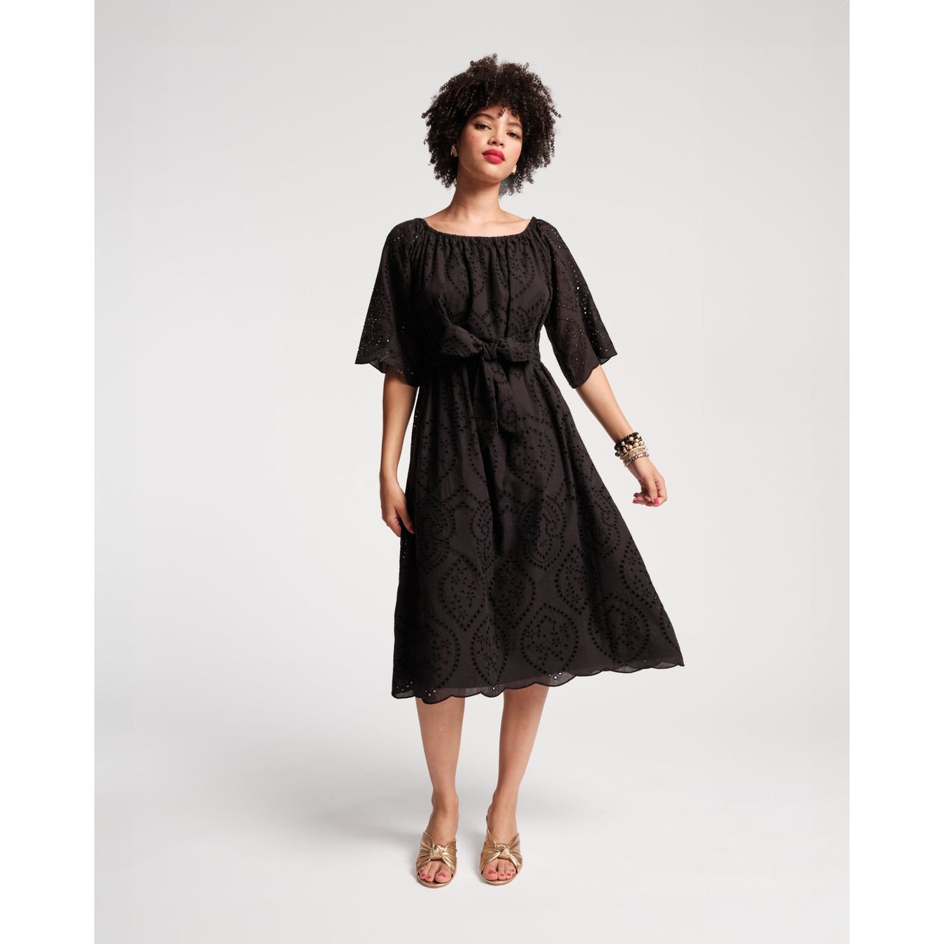 Frances Valentine Coco Midi Dress Eyelet Cotton Poplin Black