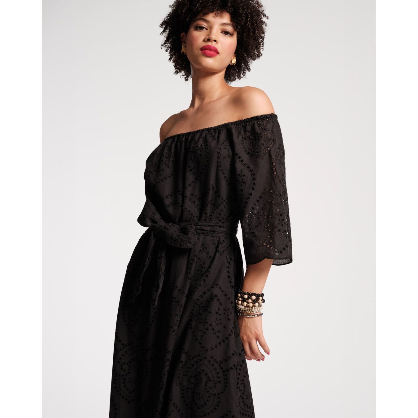 Frances Valentine Coco Midi Dress Eyelet Cotton Poplin Black