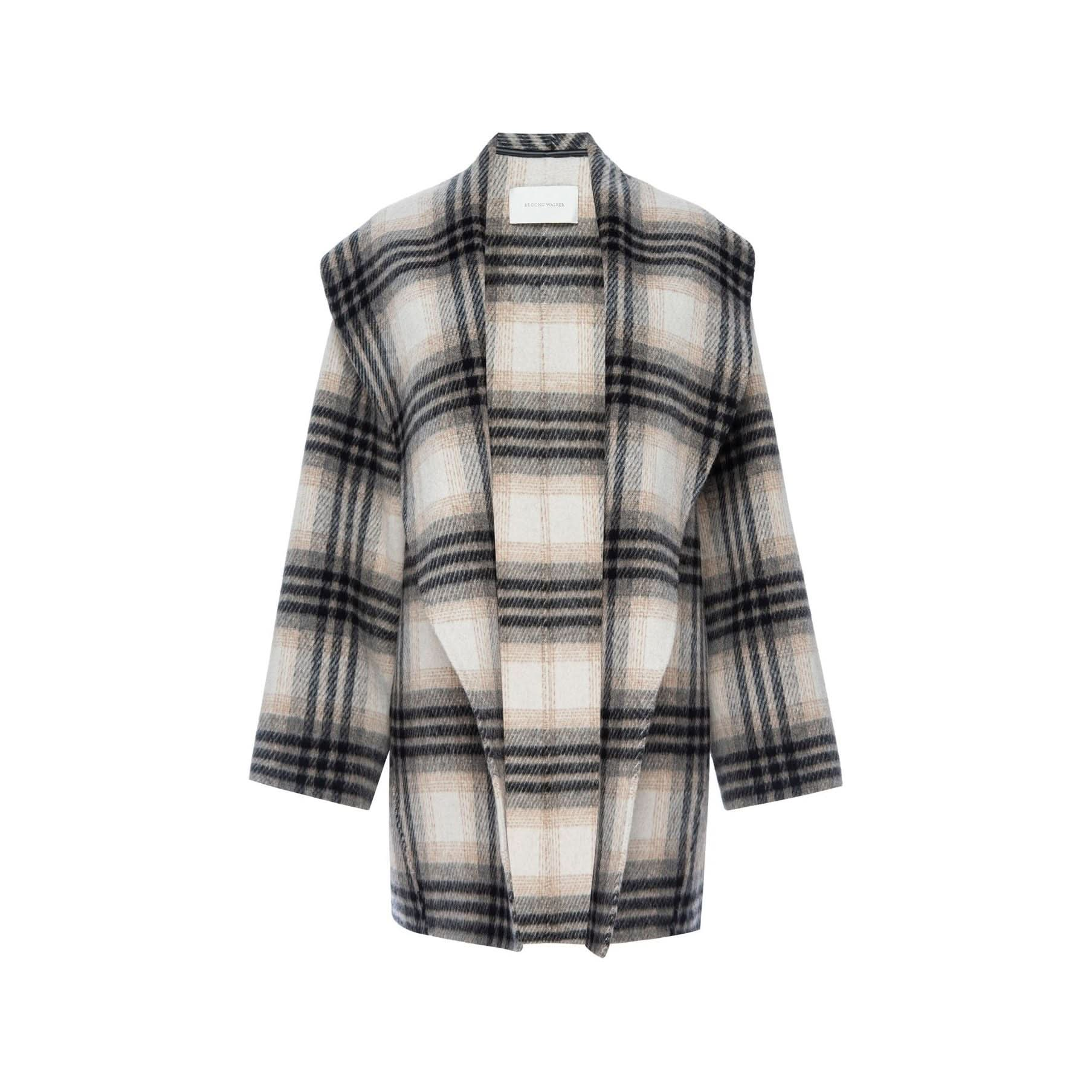 The Brochu Walker Finley Plaid Coat is a long, open-front jacket featuring a wide collar and large plaid pattern in shades of beige, black, and white. Made from fabric with a wool-like texture, this relaxed fit coat boasts extended shoulders for extra comfort.