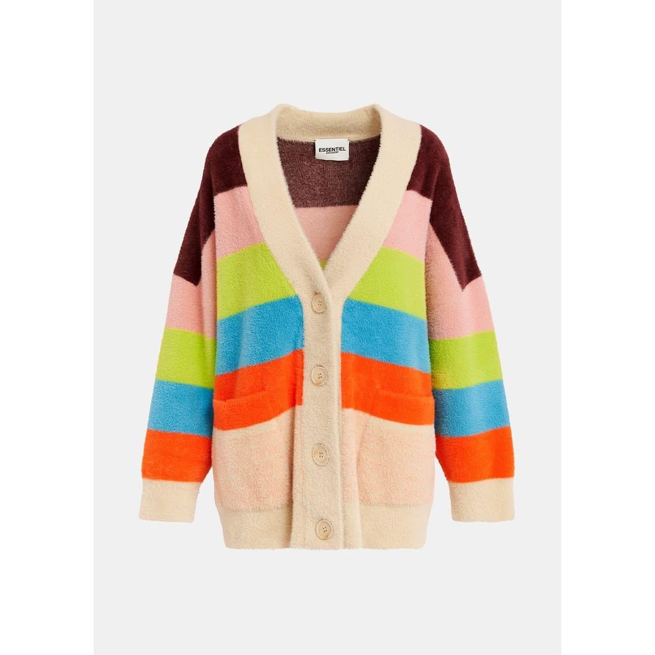 Introducing the Essentiel Antwerp Multicolor Striped Fuzzy Knitted Cardigan by Essentiel Antwerp: This vibrant, mid-weight knit cardigan showcases wide stripes in shades of brown, pink, green, blue, and orange. It features an oversized silhouette with cream-colored trim and front buttons for a cozy yet stylish appeal.