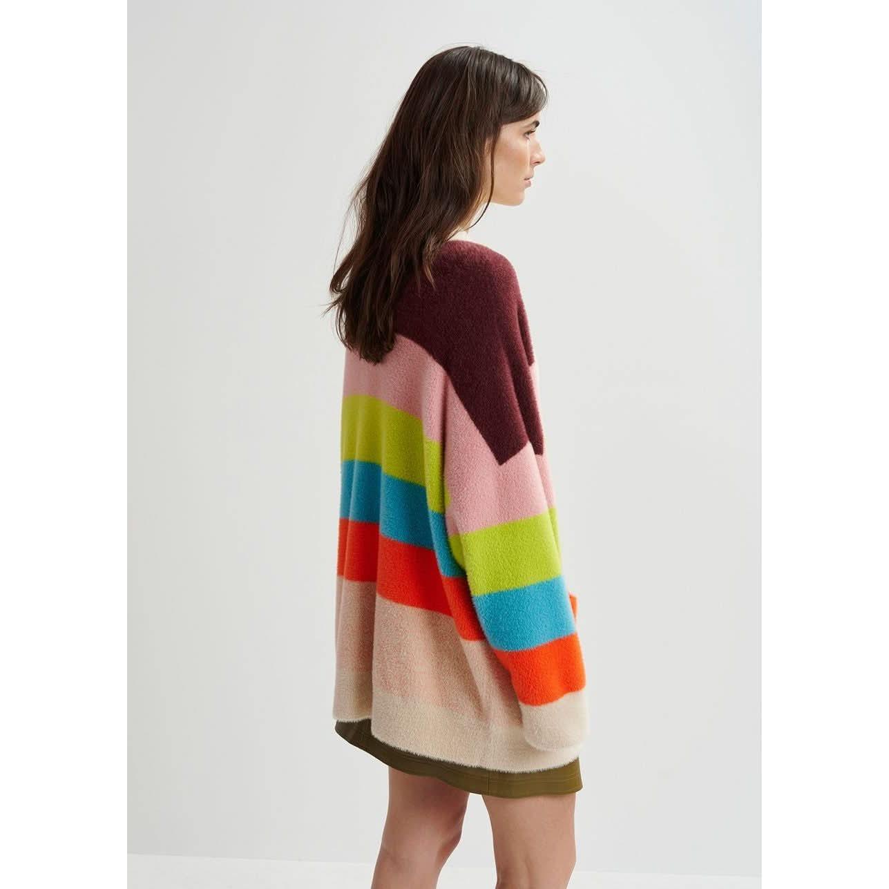 A person with long dark hair is standing sideways, wearing the Essentiel Antwerp Multicolor Striped Fuzzy Knitted Cardigan, featuring an oversized fit in vibrant shades of pink, burgundy, blue, green, and orange. It's styled with a brown skirt, adding texture to the plain light-colored background.