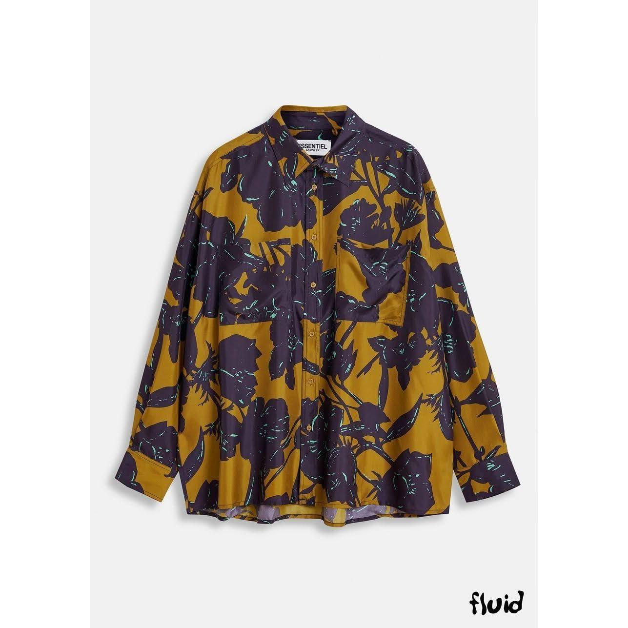 Essentiel Antwerp Bronze and Navy Blue Silk Shirt with Floral Print