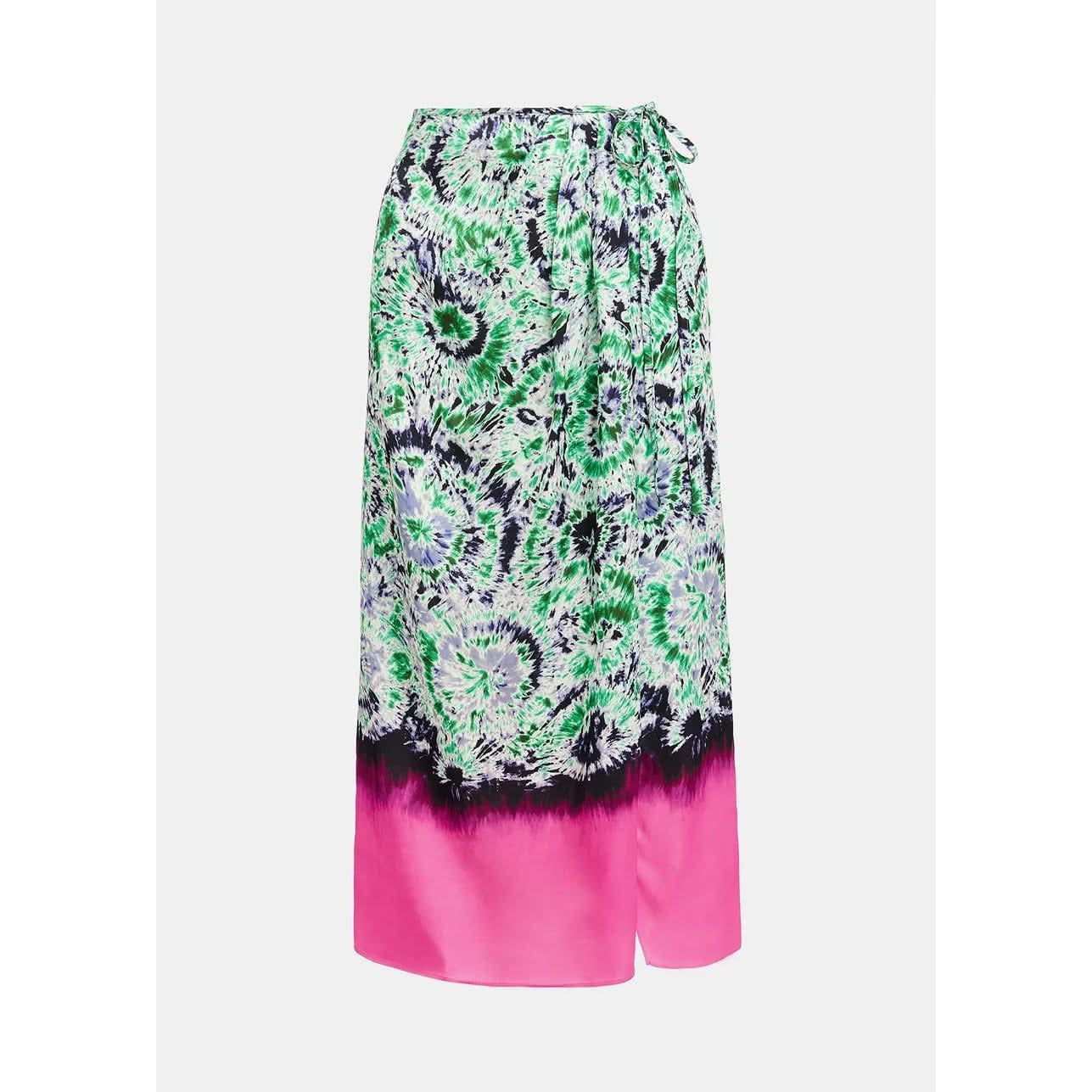 The Essentiel Antwerp Gellie Skirt from Essentiel Antwerp is a vibrant high-rise midi skirt featuring a tie-dye design with green, blue, and black patterns on the upper portion that gradually transition to a solid hot pink hue at the bottom. Made from a viscose blend, this skirt boasts a wrap-effect with a tie closure on the side.