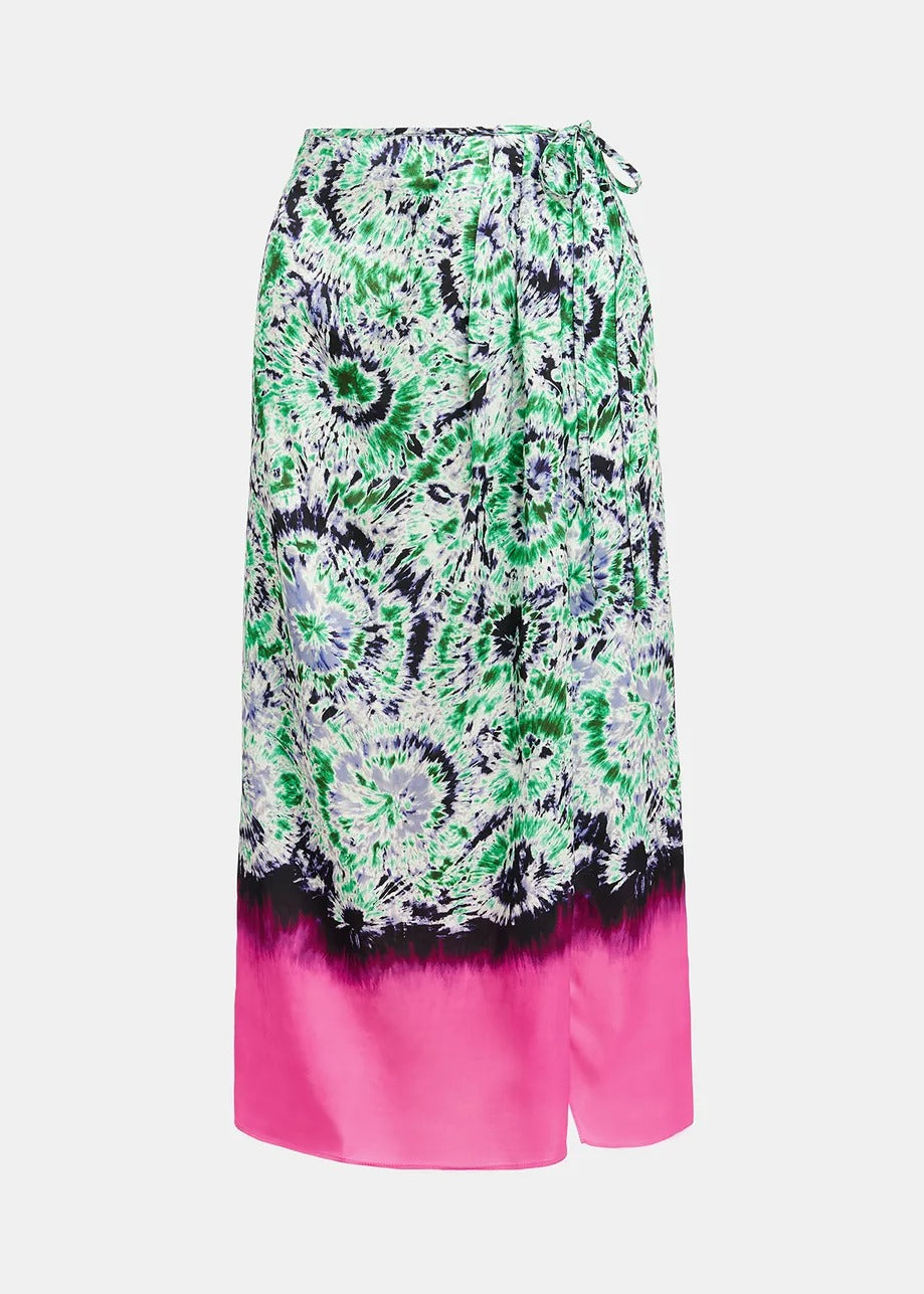 The Essentiel Antwerp Gellie Skirt from Essentiel Antwerp is a vibrant high-rise midi skirt featuring a tie-dye design with green, blue, and black patterns on the upper portion that gradually transition to a solid hot pink hue at the bottom. Made from a viscose blend, this skirt boasts a wrap-effect with a tie closure on the side.