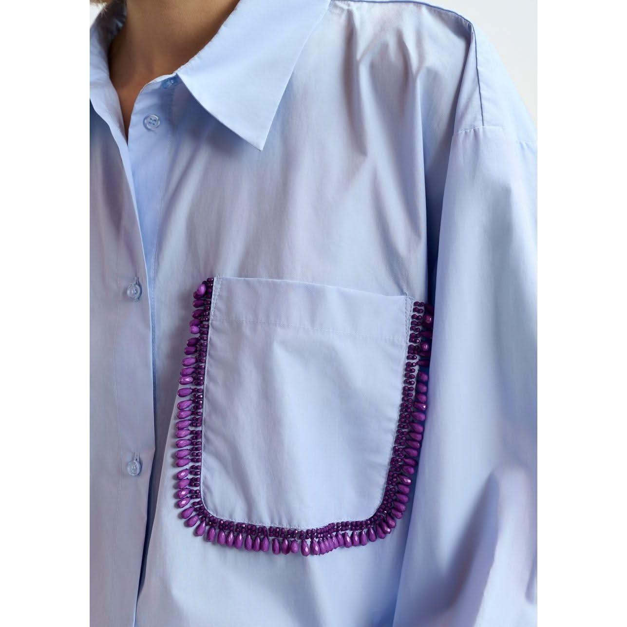 Essentiel Antwerp Light Blue Cotton Shirt with Beaded Embroidery