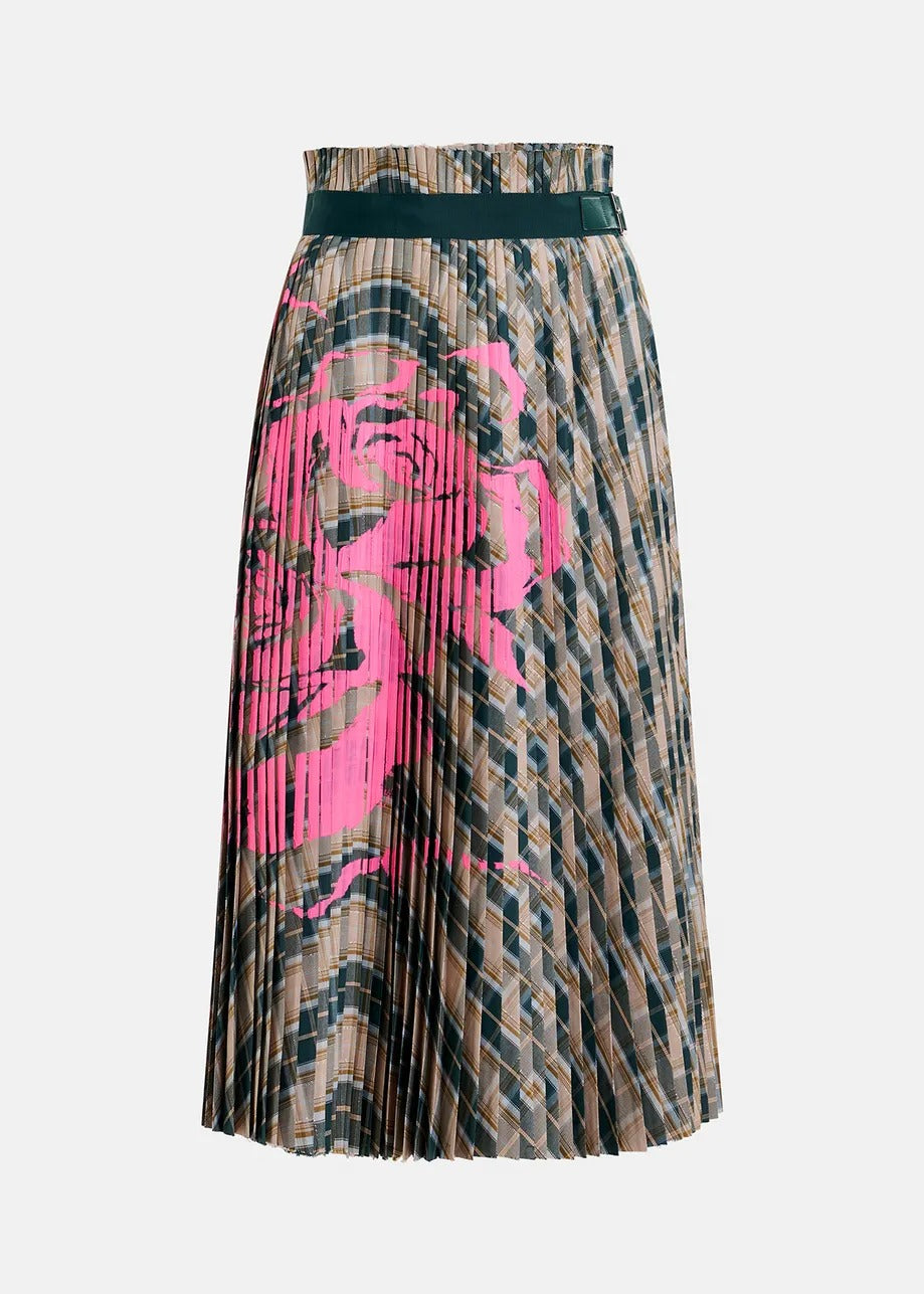 The Essentiel Antwerp Godess Skirt is a beige and dark green checked pleated skirt with a high-rise waistband. Crafted from recycled polyester, it features a bold pink floral design prominently displayed on the front.