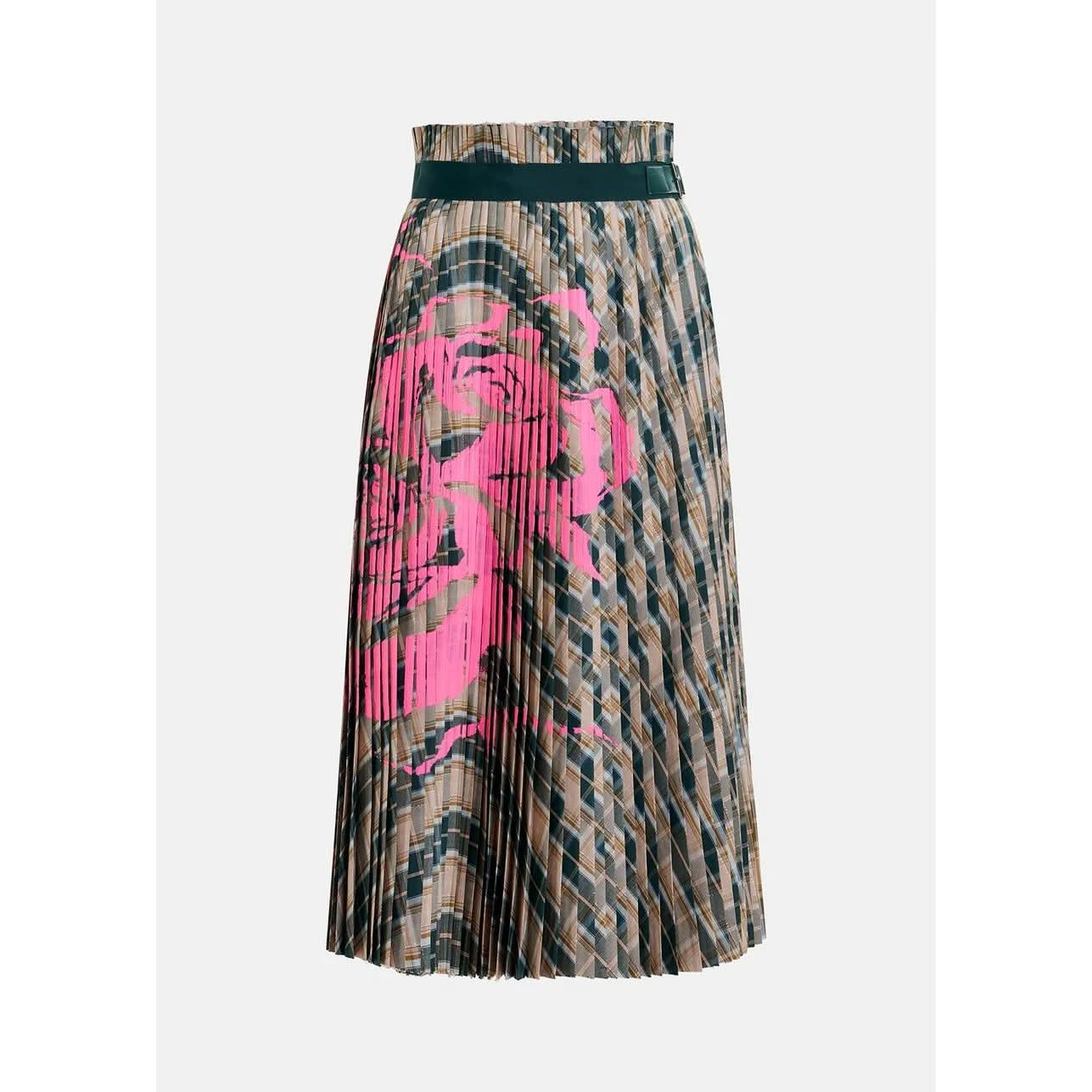 The Essentiel Antwerp Godess Skirt is a beige and dark green checked pleated skirt with a high-rise waistband. Crafted from recycled polyester, it features a bold pink floral design prominently displayed on the front.