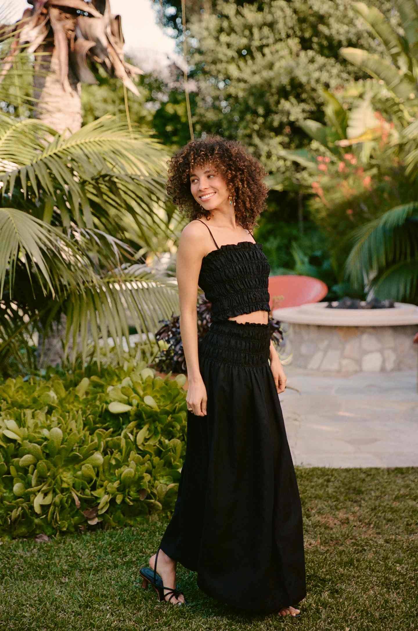 Sol Angeles Emmy Linen Smocked Maxi Skirt in Black