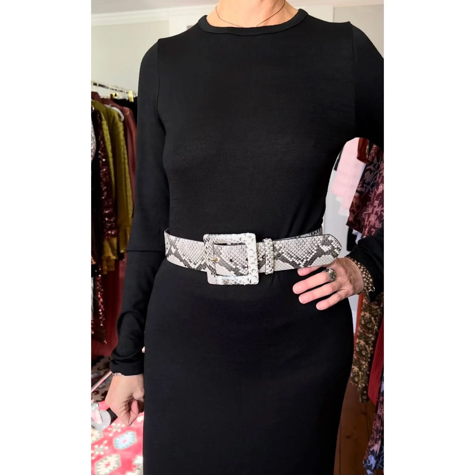 A person wearing a long-sleeve black dress accessorized with the W. Kleinberg 2" Python Belt featuring a large rectangular buckle. They have rings on their fingers and a black bracelet on one wrist. Part of a clothing rack with various garments is visible in the background.