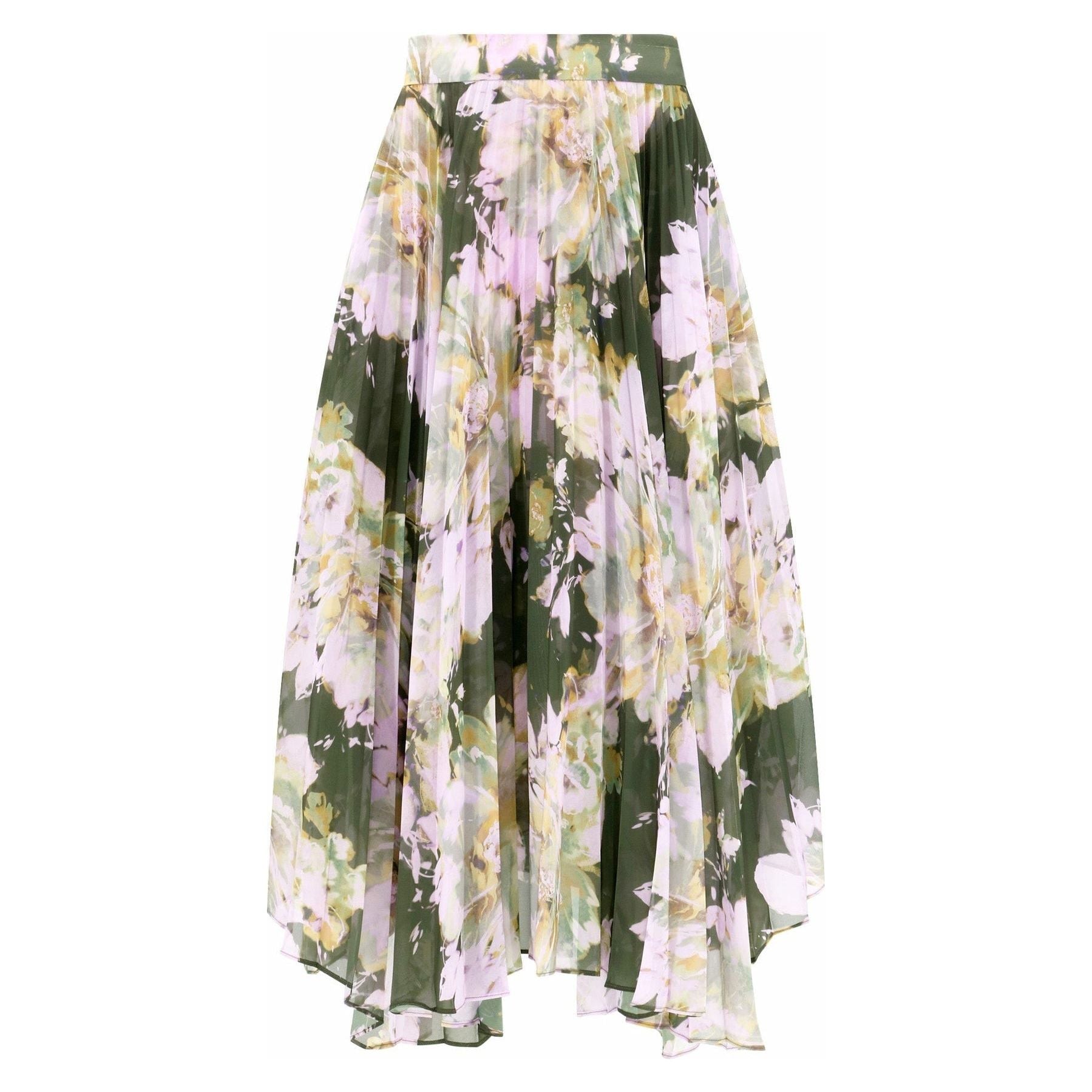 The Christy Lynn Gwen Skirt - Midnight Garden by Christy Lynn is a flowy, pleated skirt featuring a floral pattern in shades of pink, yellow, and green on a dark green background. Its asymmetric hem offers a lightweight and elegant appearance, making it perfect for any occasion.