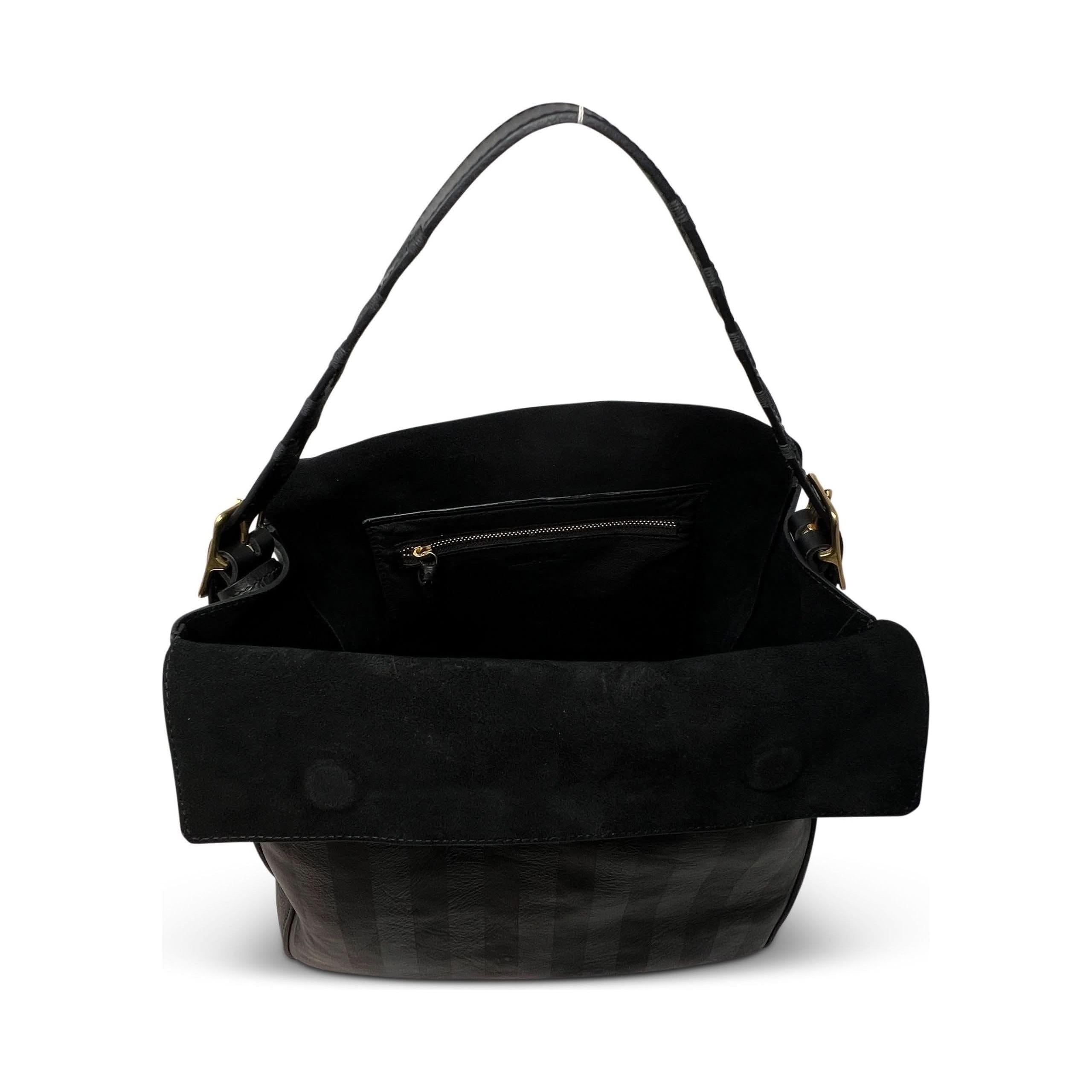 The Kempton & Co Hobo Black Heated Stripe is a stylish black purse from Embossed leather, designed with an adjustable handle and a secure magnetic closure.