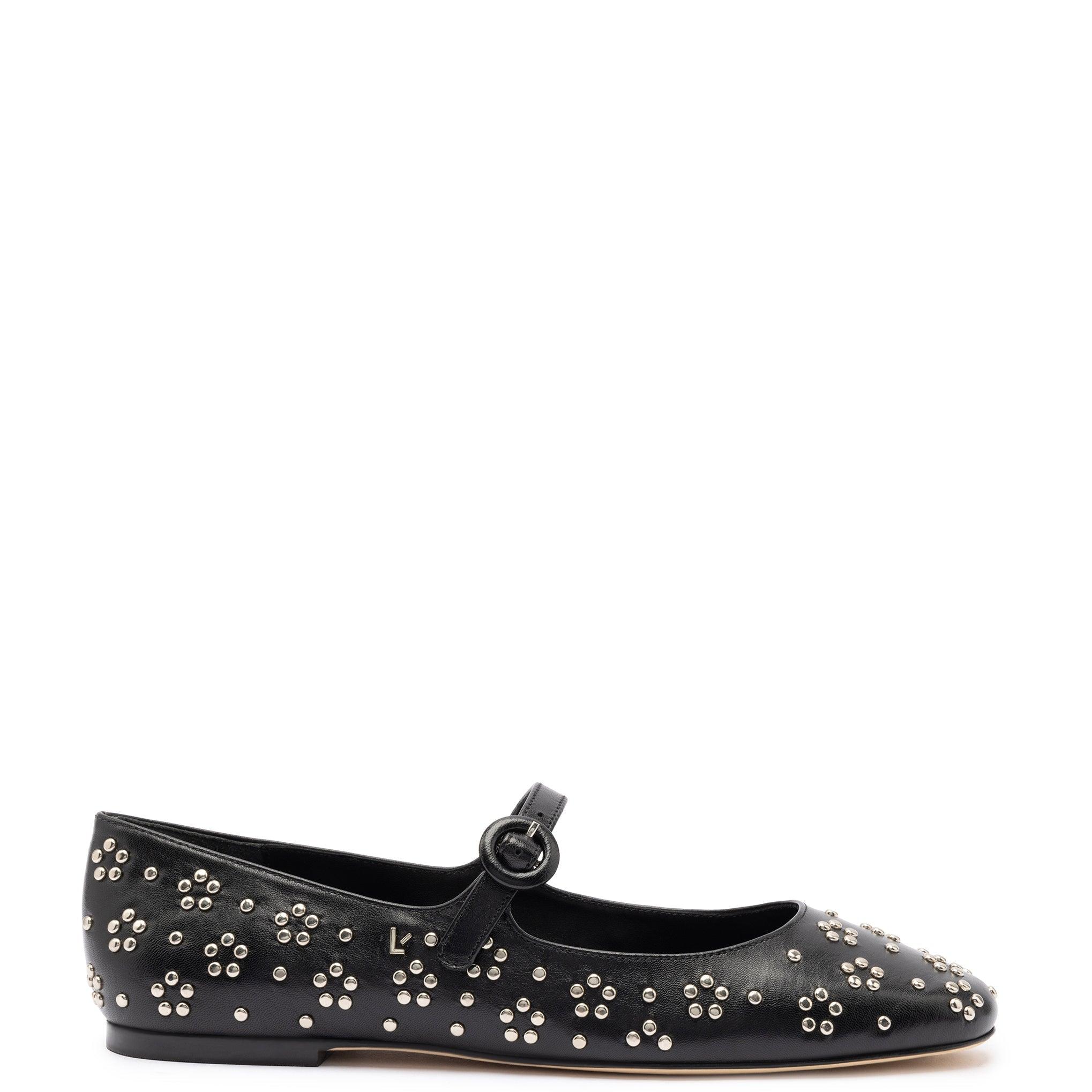 Blair Ballet Flat In Black Leather and Metallic Studs - Primm's