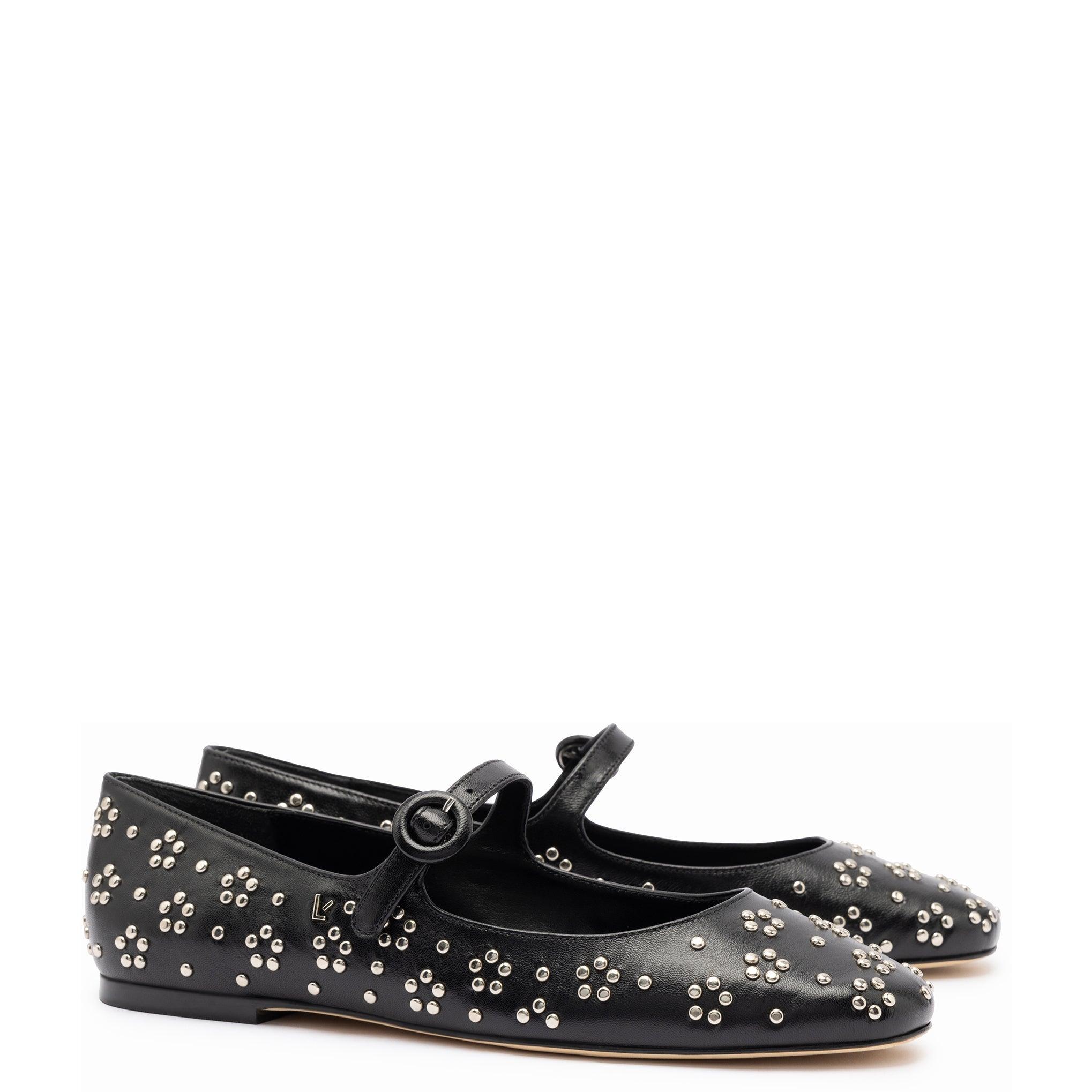 Blair Ballet Flat In Black Leather and Metallic Studs - Primm's