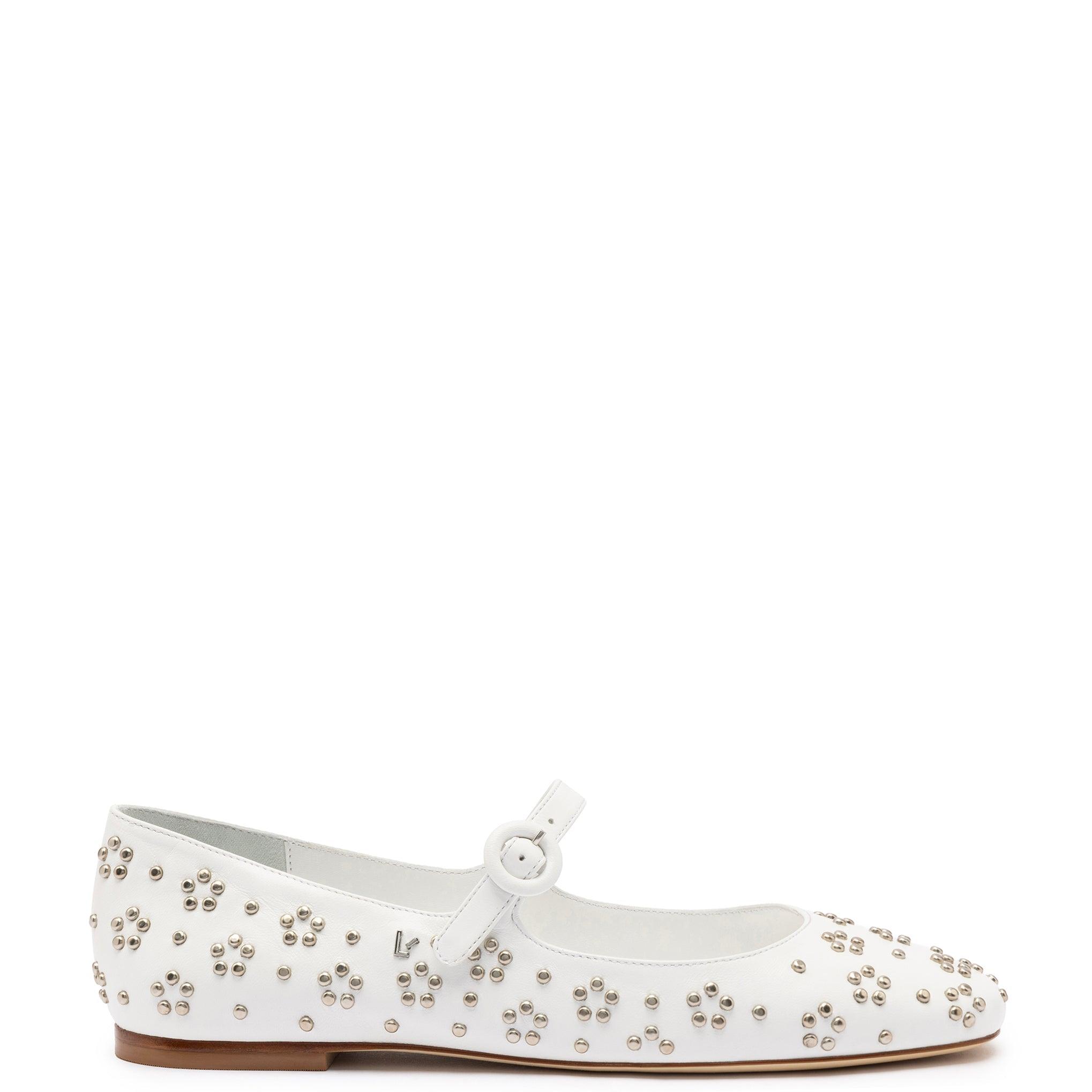 Blair Ballet Flat In White Leather and Metallic Studs - Primm's