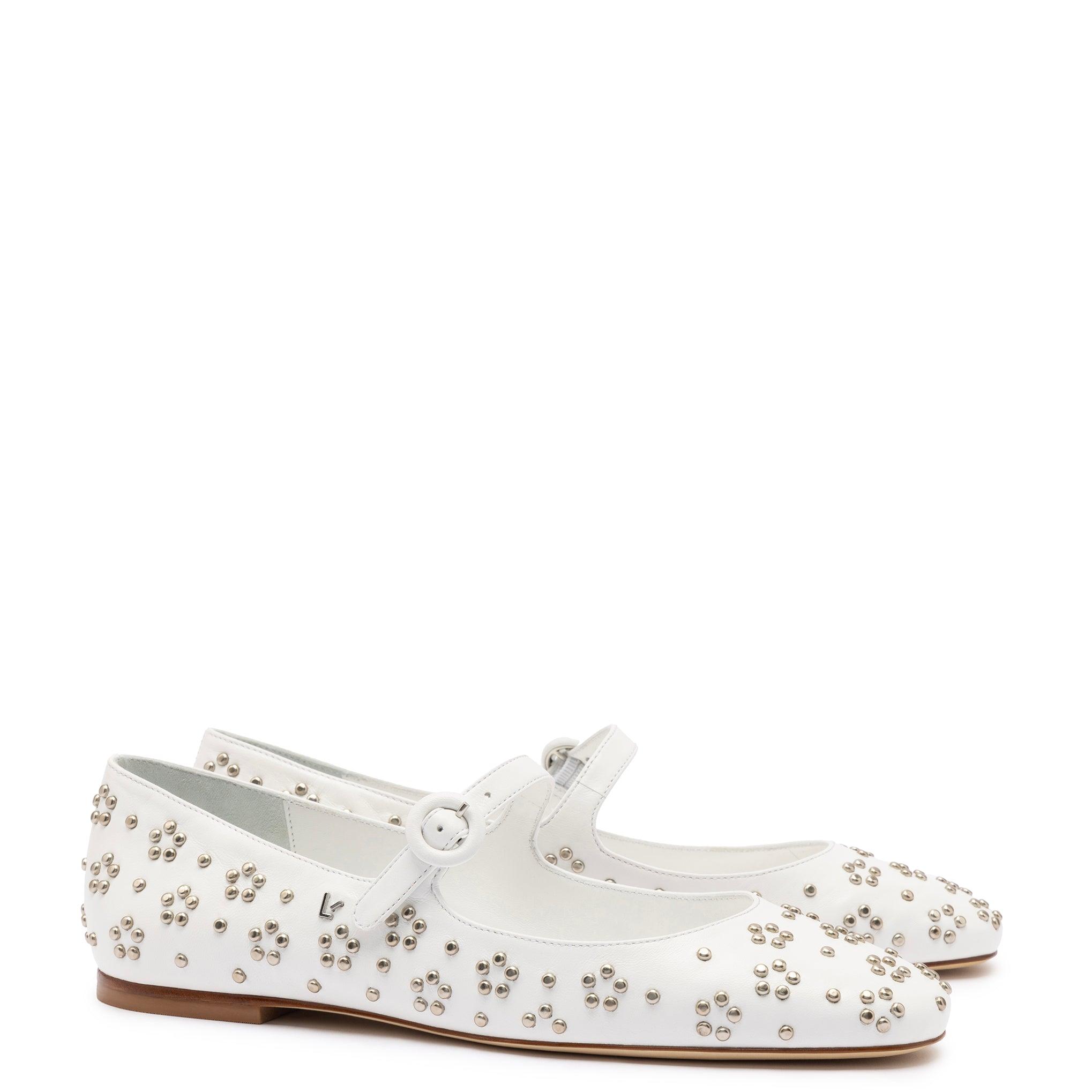 Blair Ballet Flat In White Leather and Metallic Studs - Primm's