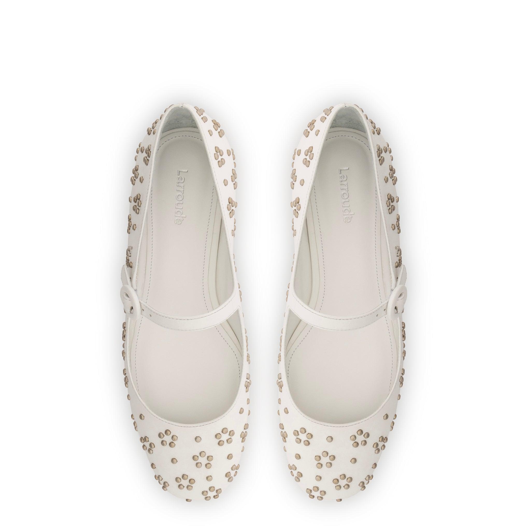 Blair Ballet Flat In White Leather and Metallic Studs - Primm's