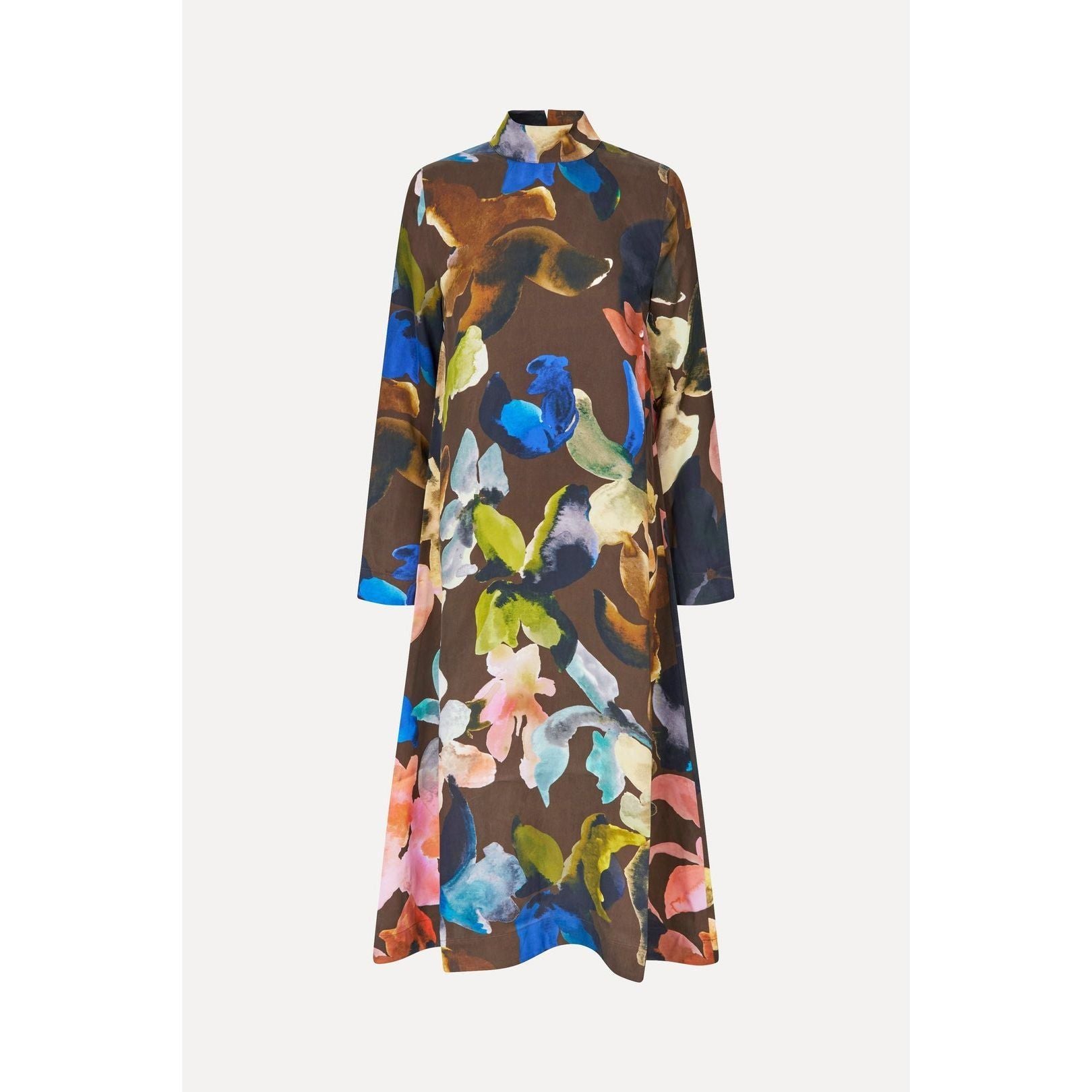 This Stine Goya Long Sleeve Midi Dress - Aquarelle Garden features a high collar and an abstract floral pattern in blue, green, pink, and brown against a dark background. Its flowing, loose fit with a knee-length design provides both elegance and comfort.