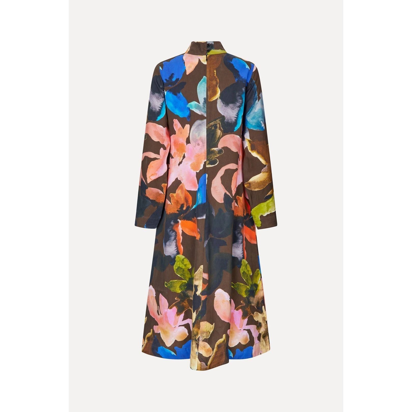 The Stine Goya Long Sleeve Midi Dress - Aquarelle Garden by Stine Goya features a vibrant abstract floral design in shades of blue, pink, orange, and green on a dark background. Set against a plain light backdrop, this elegant piece offers a tailored fit and gracefully falls to mid-calf.