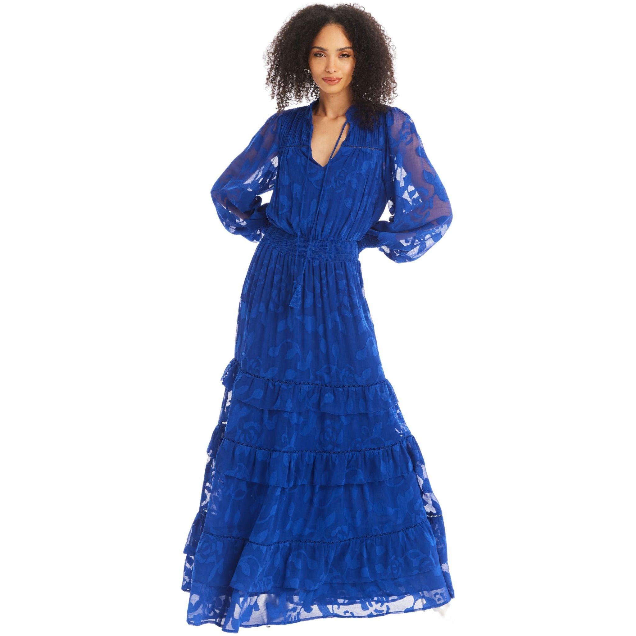 A woman with curly hair wears the Allison NY Nora Maxi Dress, a long, sheer, vibrant blue creation featuring ruffled tiers and a subtle textured jacquard fabric. The dress has long, slightly puffed sleeves and a V-neck with a tie detail. She poses with her hands resting on her hips.