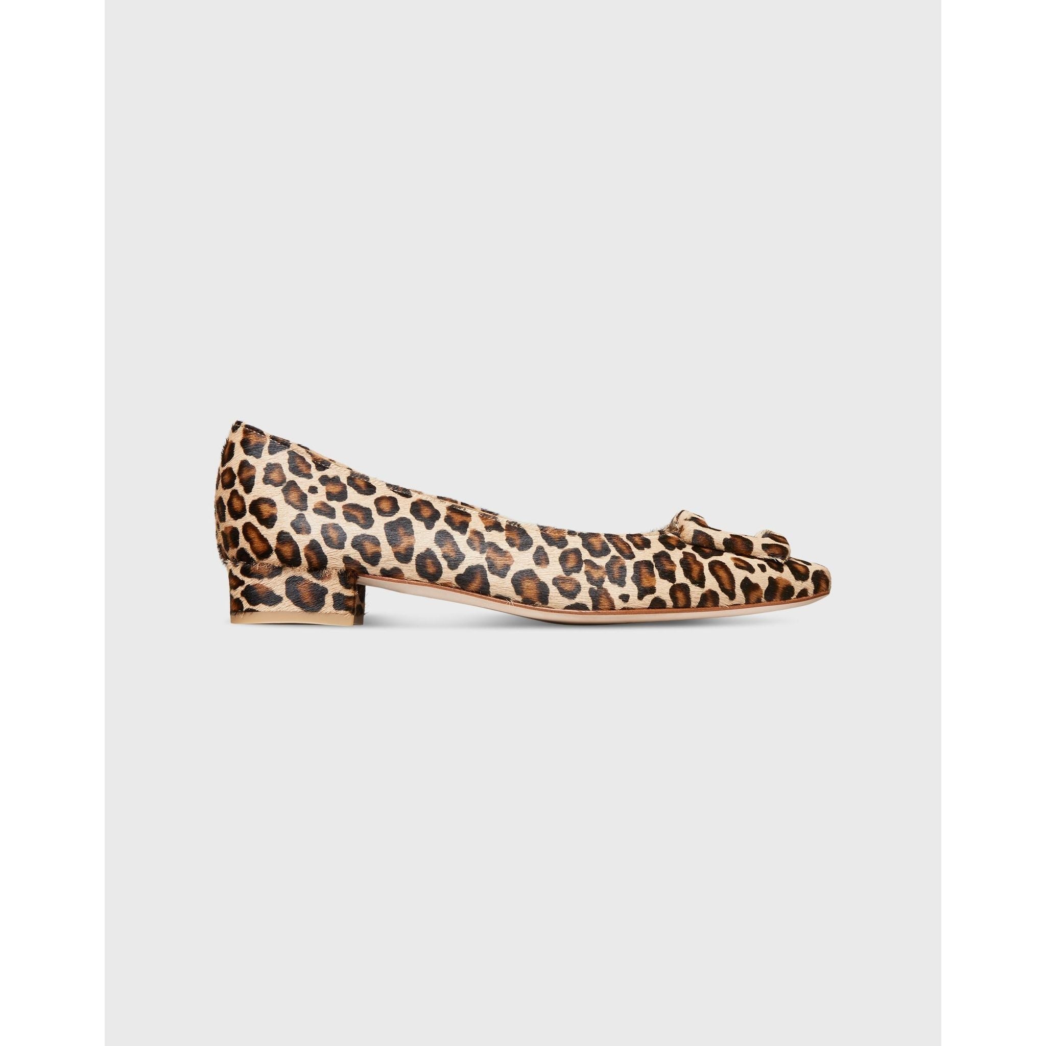 The Ann Mashburn Buckle Shoe Leopard Calf Hair is a luxurious women's ballet flat designed with a leopard print and crafted from suede leather, showcasing a low heel and an elegant decorative bow on the front, set against a plain white background.