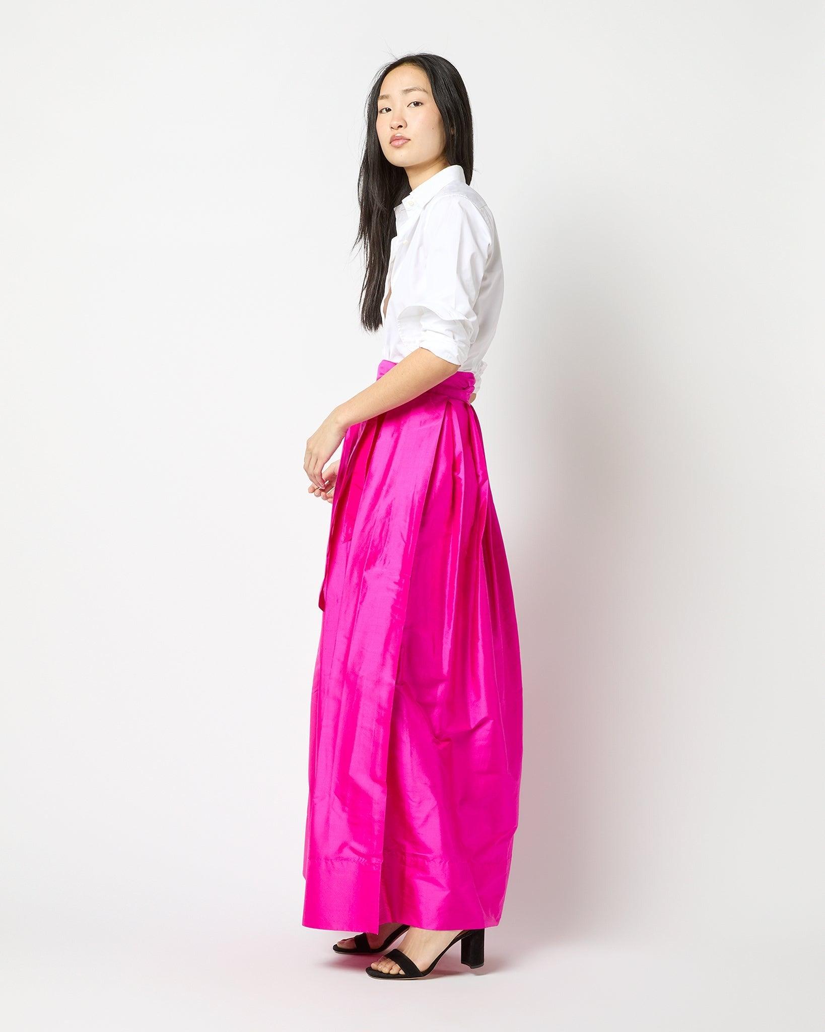 Ann Mashburn Pleated Wrap Skirt Magenta Silk Shantung - Primm's