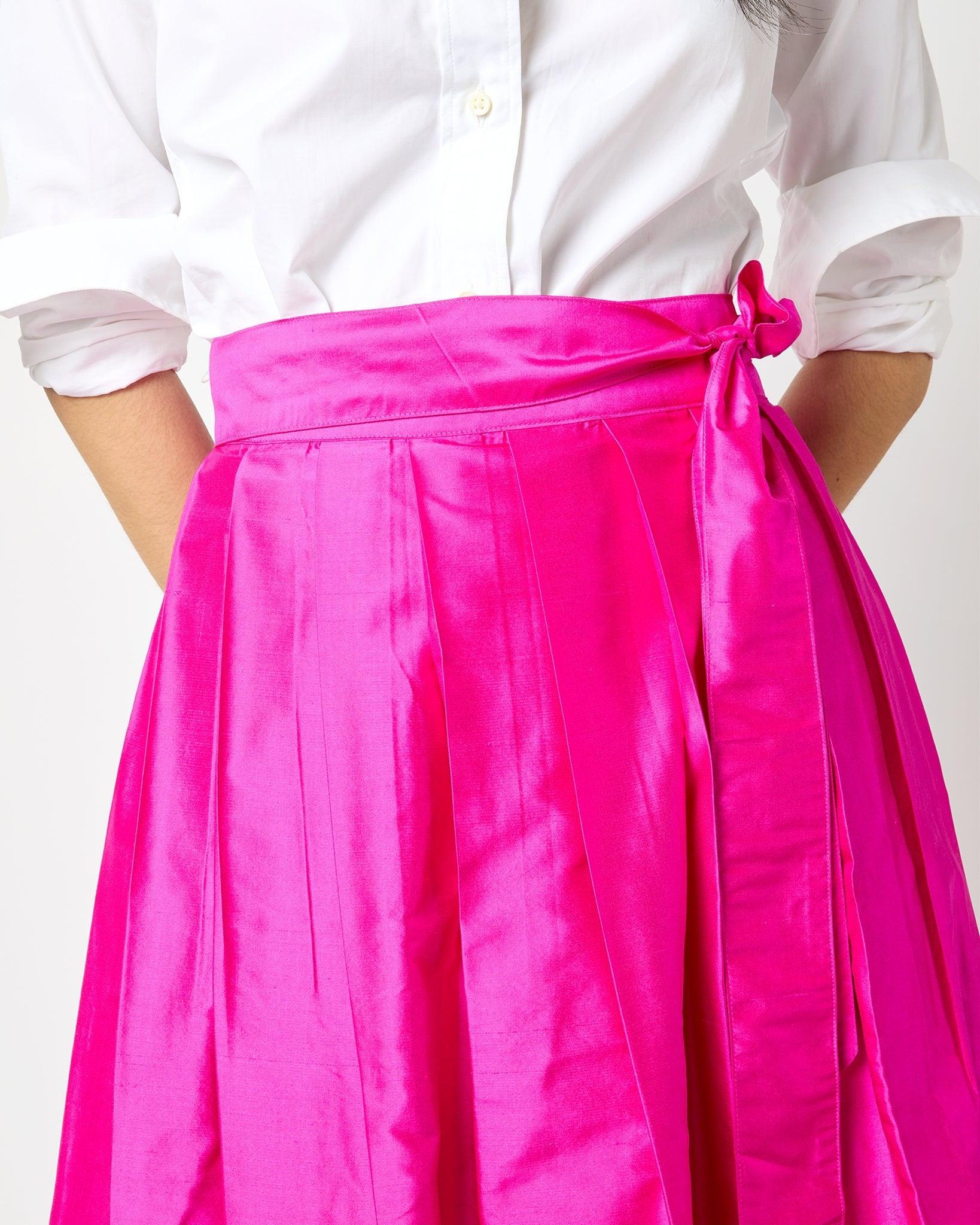 Ann Mashburn Pleated Wrap Skirt Magenta Silk Shantung - Primm's