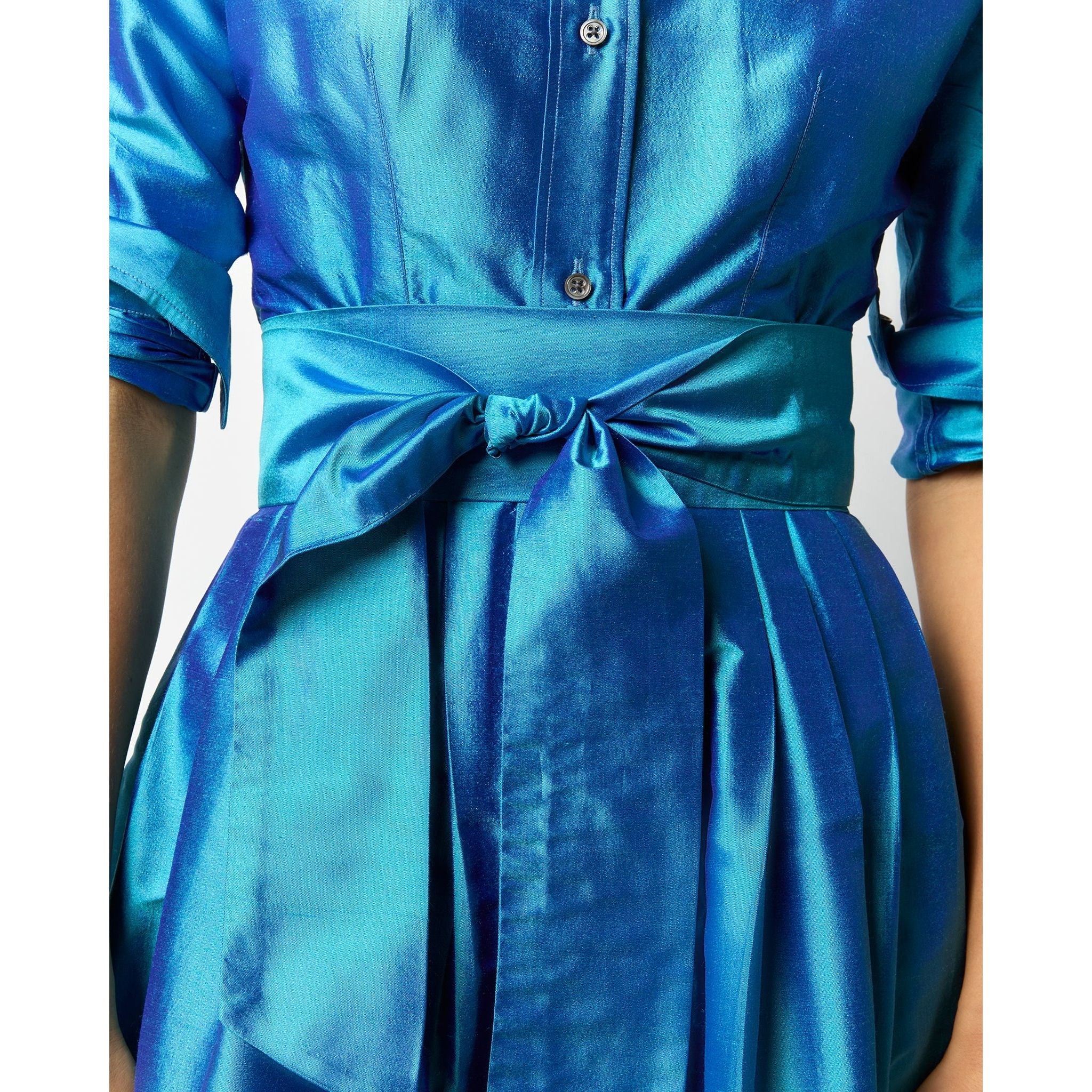 Ann Mashburn Classic Shirtwaist Maxi Dress Azure Iridescent Silk Shantung