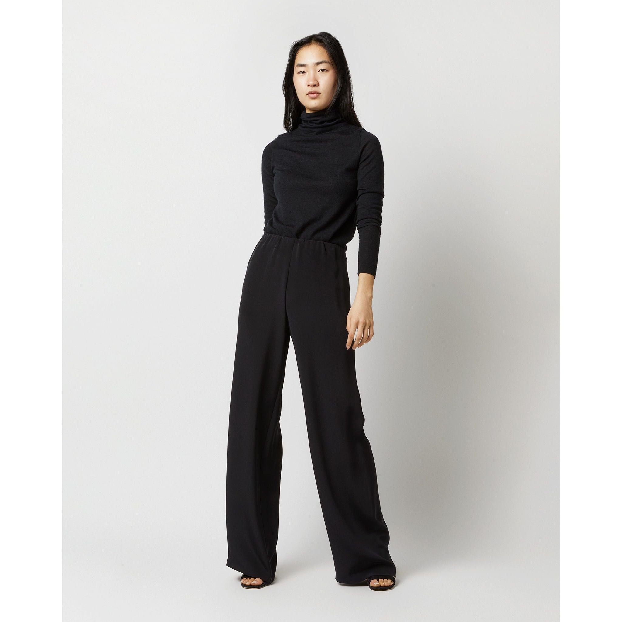 A person with long, dark hair stands against a neutral background, draped in a 100% silk black turtleneck paired with the Ann Mashburn Kelly Pant in Black Silk Crepe de Chine. Their hands rest by their sides as they maintain an expressionless pose.