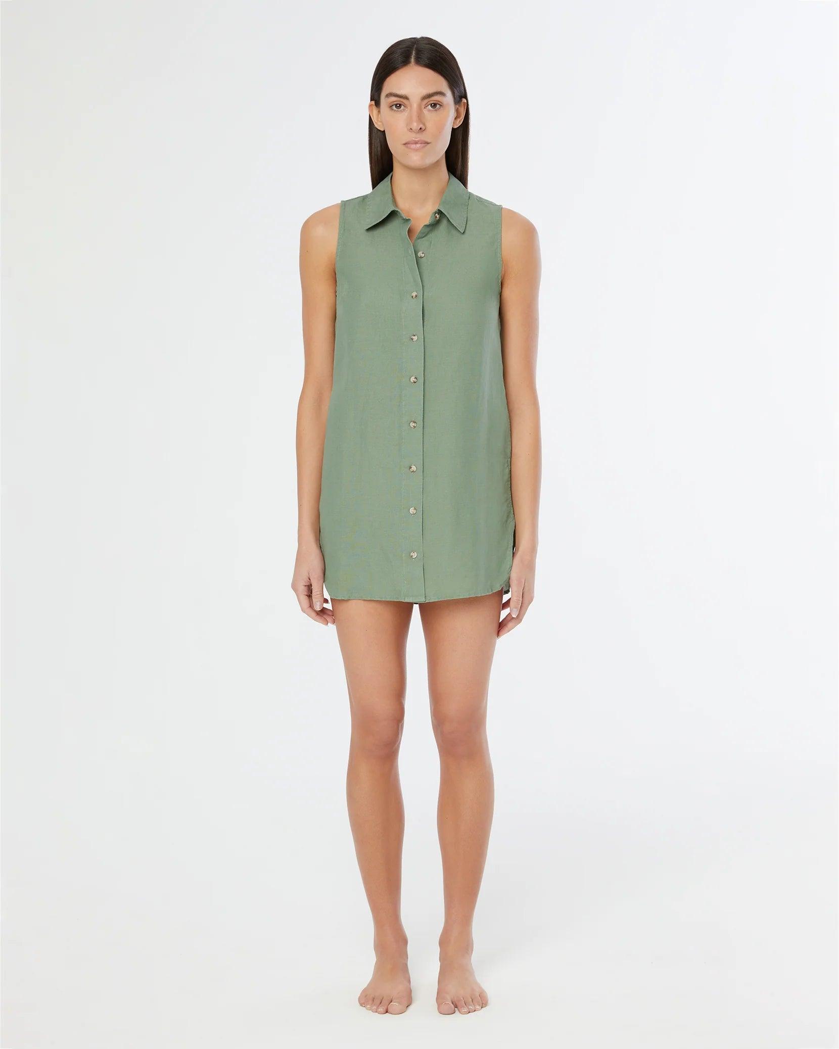 Onia Air Linen Sleeveless Shirt Dress Sea Spray - Primm's