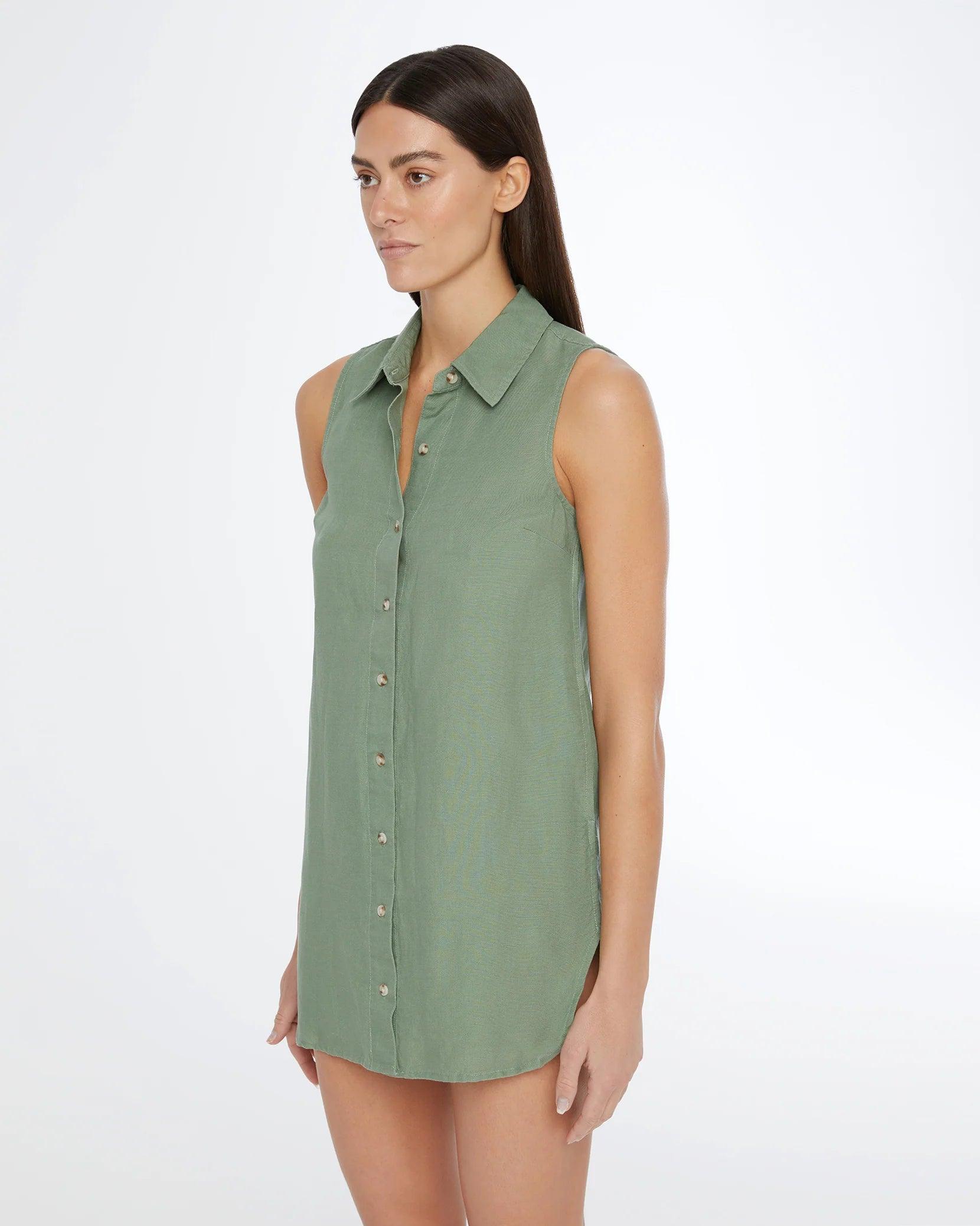 Onia Air Linen Sleeveless Shirt Dress Sea Spray - Primm's