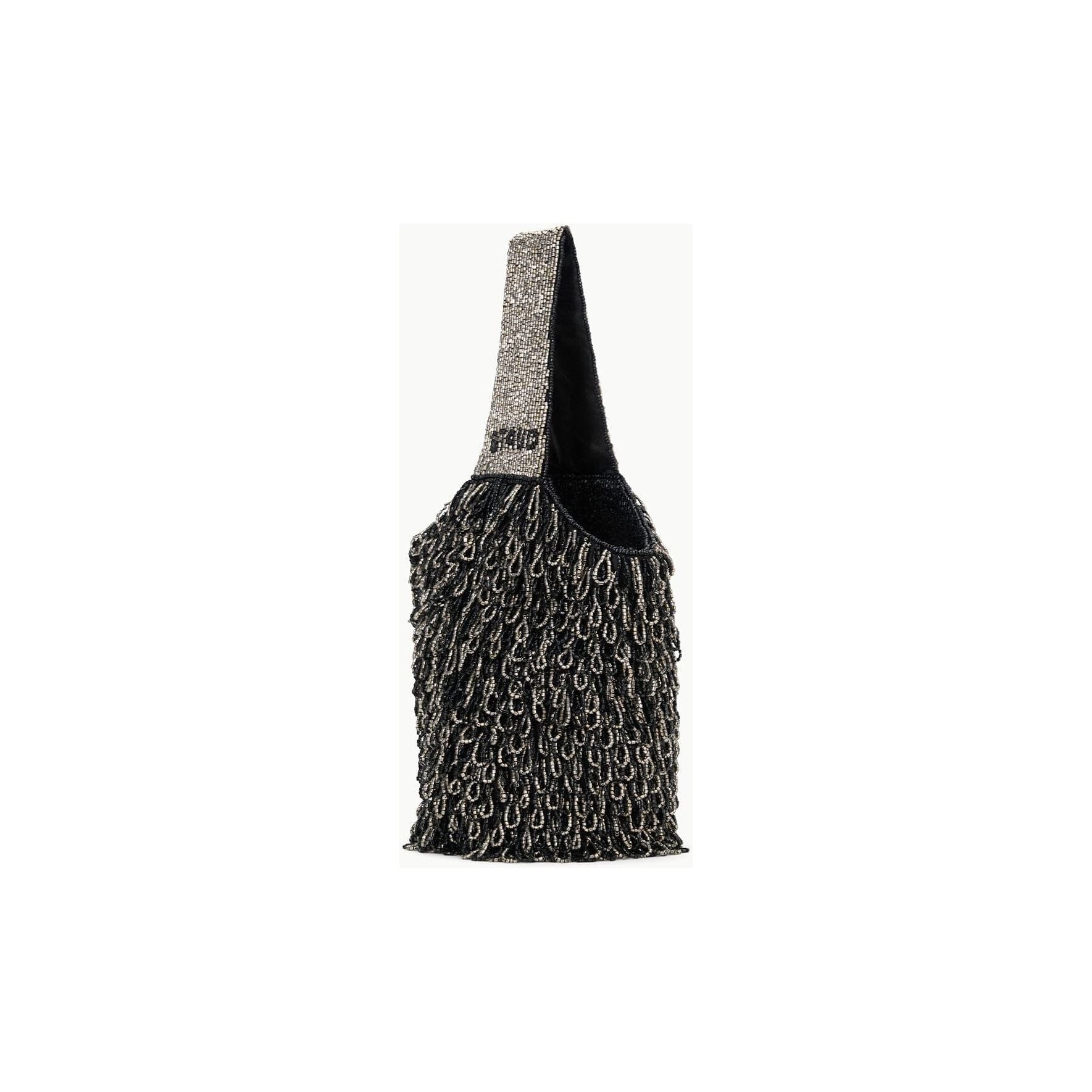 Introducing the Staud Haruko Beaded Bag in Black, crafted with a textured surface composed of intricate beadwork and vegan leather accents. This stylish accessory boasts a wide, shiny handle featuring the brand name "Staud" emblazoned on it. With its sleek and modern design, this bag is perfect for those who desire elegance with an eco-conscious flair.